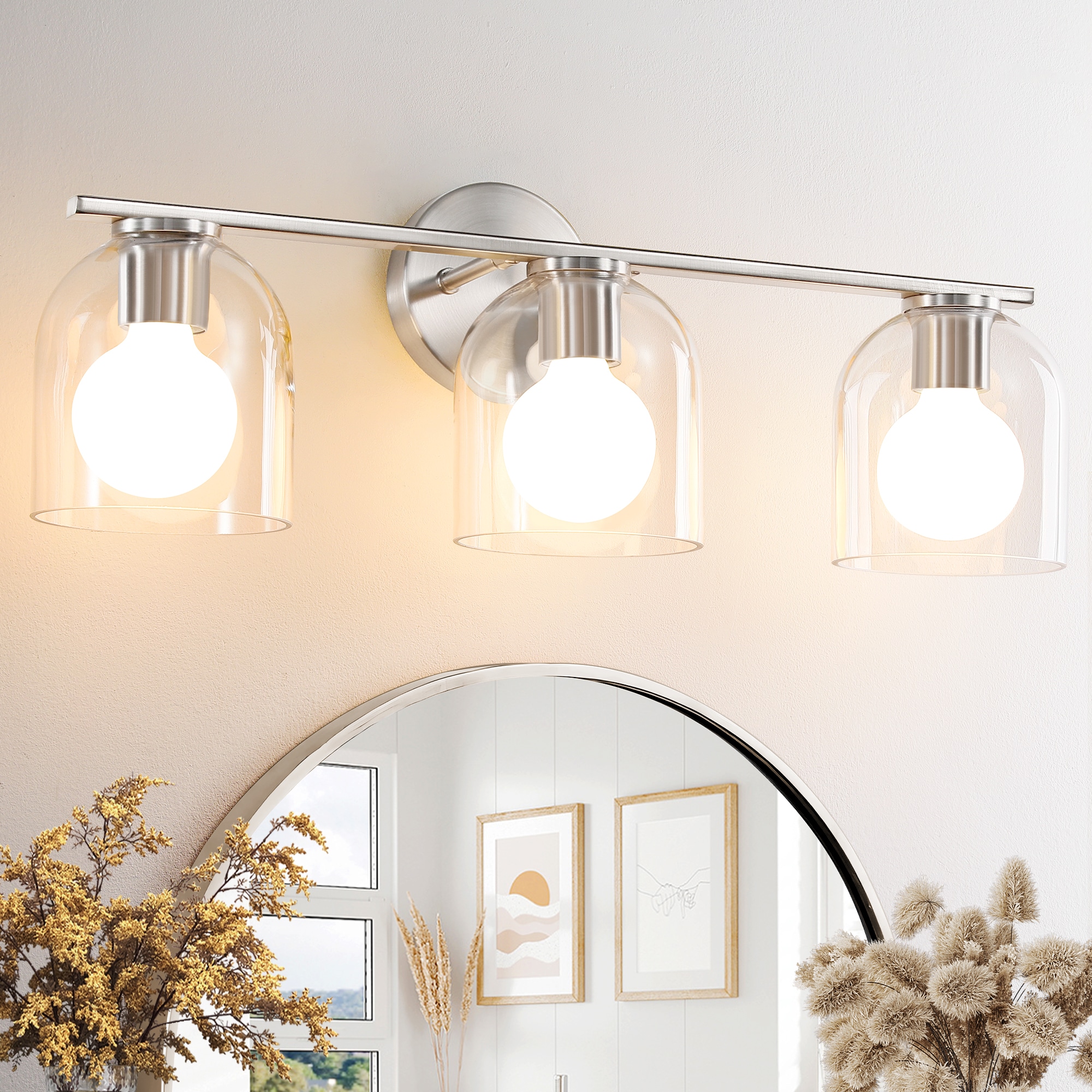 KAISITE Modern 3-Light Brushed Nickel Bathroom Vanity Light 23.3in Farmhouse Vanity Lighting Fixture over Mirror with Clear Glass Shades