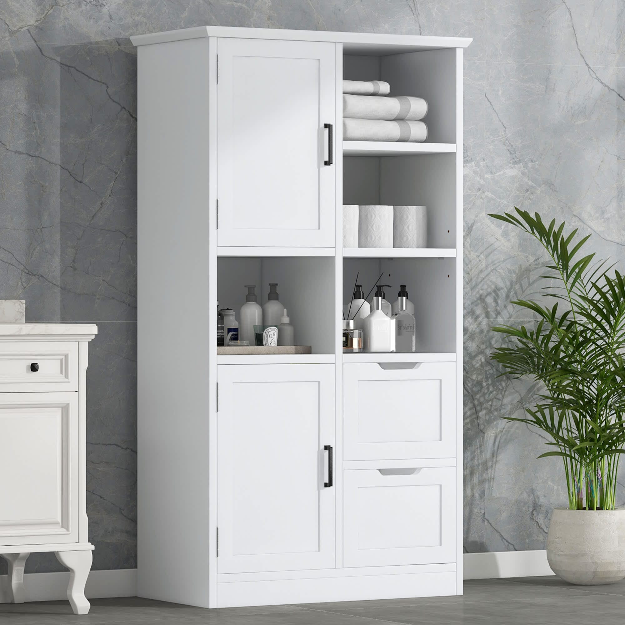 Roomfitters  Bathroom Storage Cabinet with Doors Drawers Open Shelf and Adjustable Compartments Freestanding Design White