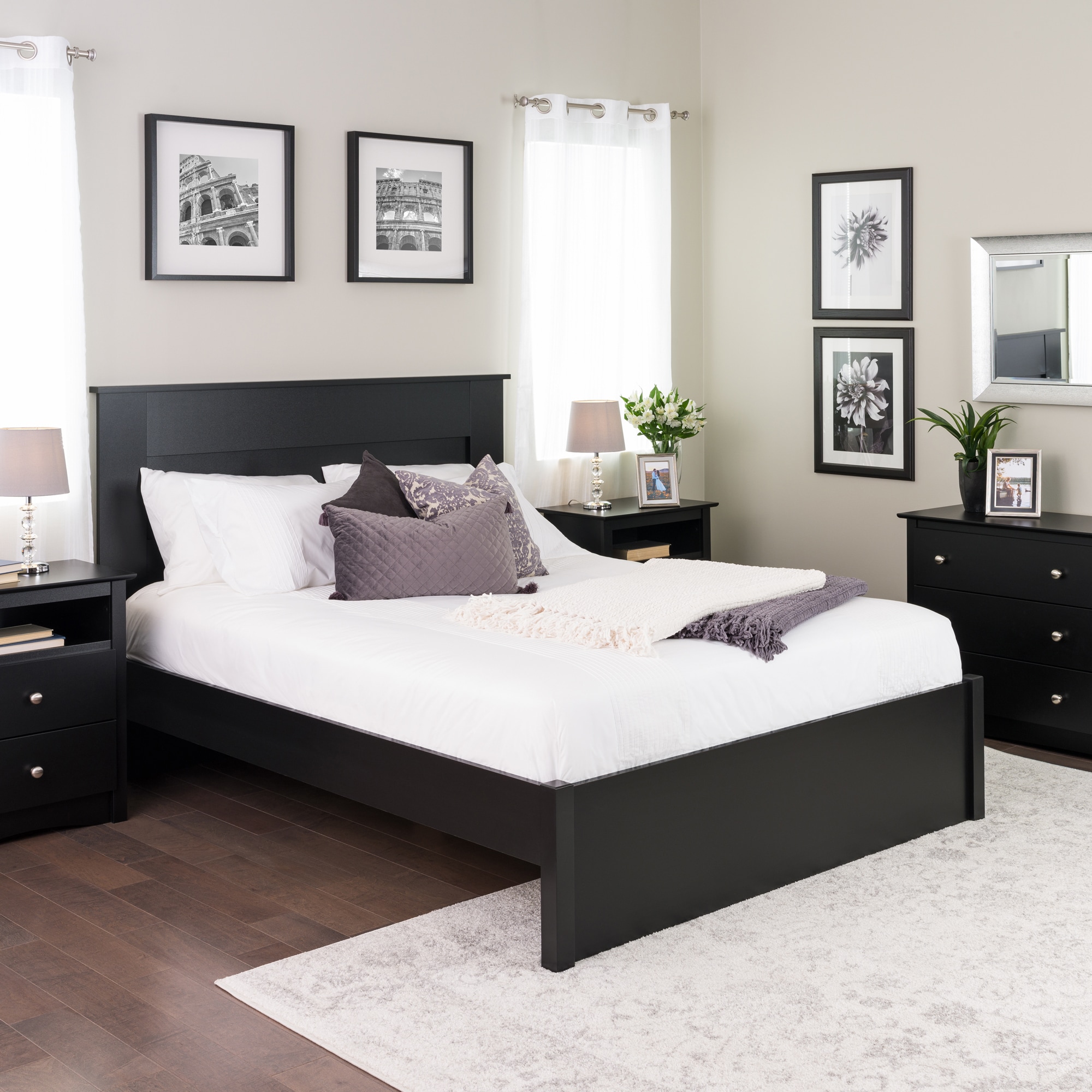 Deep Black Queen Platform Bed with Storage Drawers