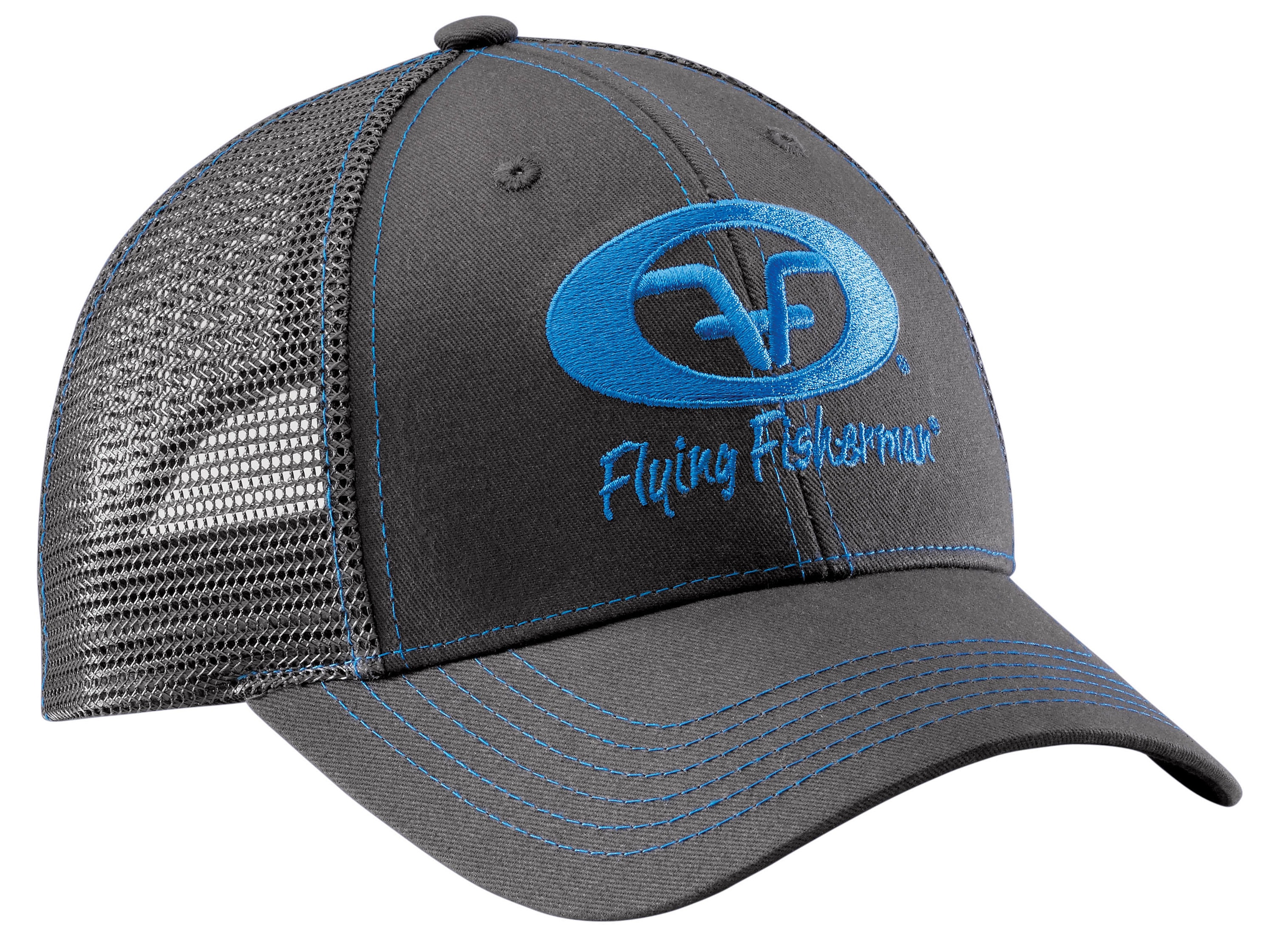 Flying Fisherman Unisex Grey with Neon Blue Logo/Grey Mesh Back Cotton Fishing  Hat at