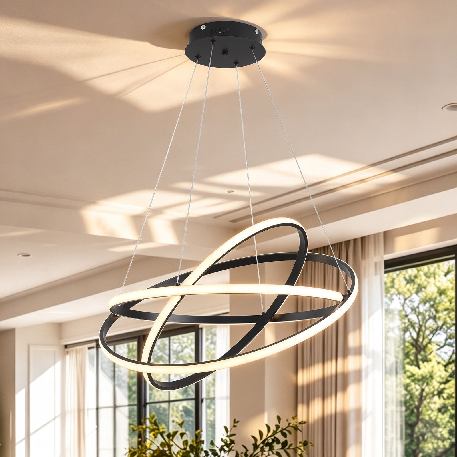 xersbav Modern LED Round Chandelier Nordic 3 Ring Chandeliers Black Minimalist Linear Pendant Light Dimmable Height Adjustable for Dining Room Living Room Staircase Foyer