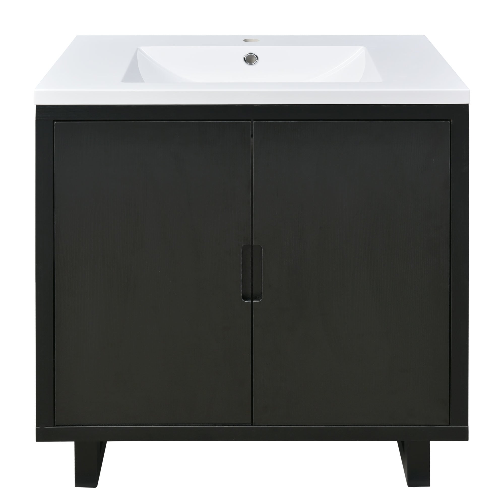 Vynxaria LEXY1401-DJYS-SZT171 30 Inch Black Bathroom Vanity Set with Sink Solid Wood Frame Soft Close Doors Large Storage Space and Anti Scratch Floor Mats Free Standing
