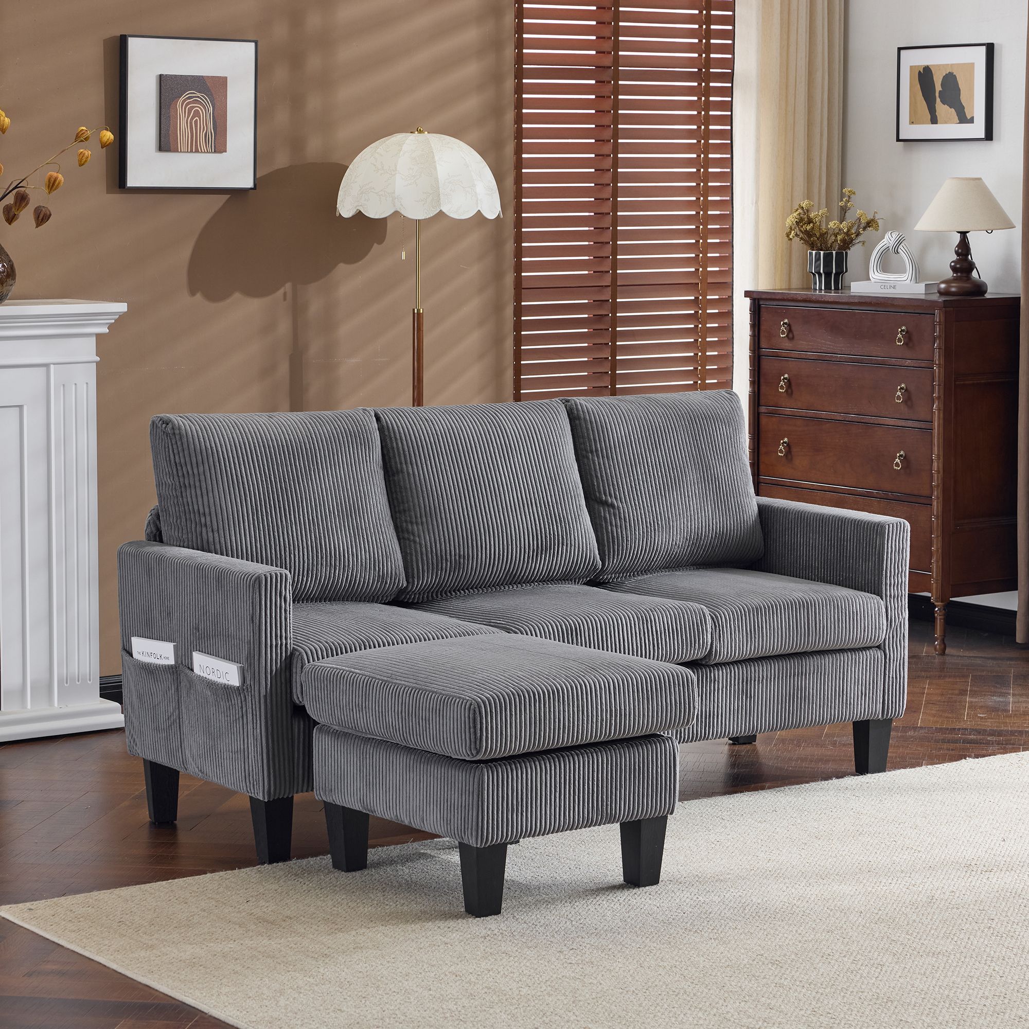 Winado  68.5 in. W Square Arm Corduroy L-shaped 3-Seat Sofa in Gray with Storage Ottoman