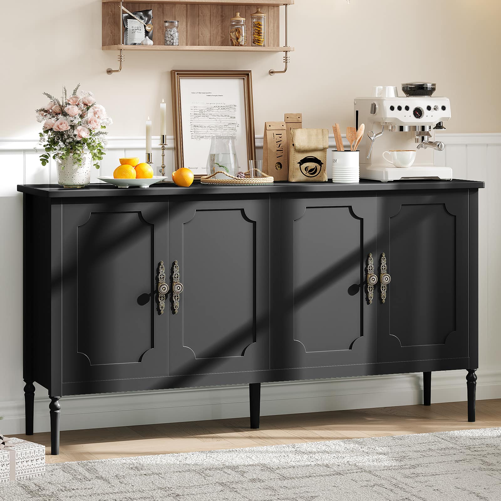 Qeetex SUN-PHK-335EA9YR 59 Inch Sideboard Buffet Cabinet with Storage Modern Credenza with 4 Doors and Adjustable Shelves for Dining Room Kitchen or Living Room