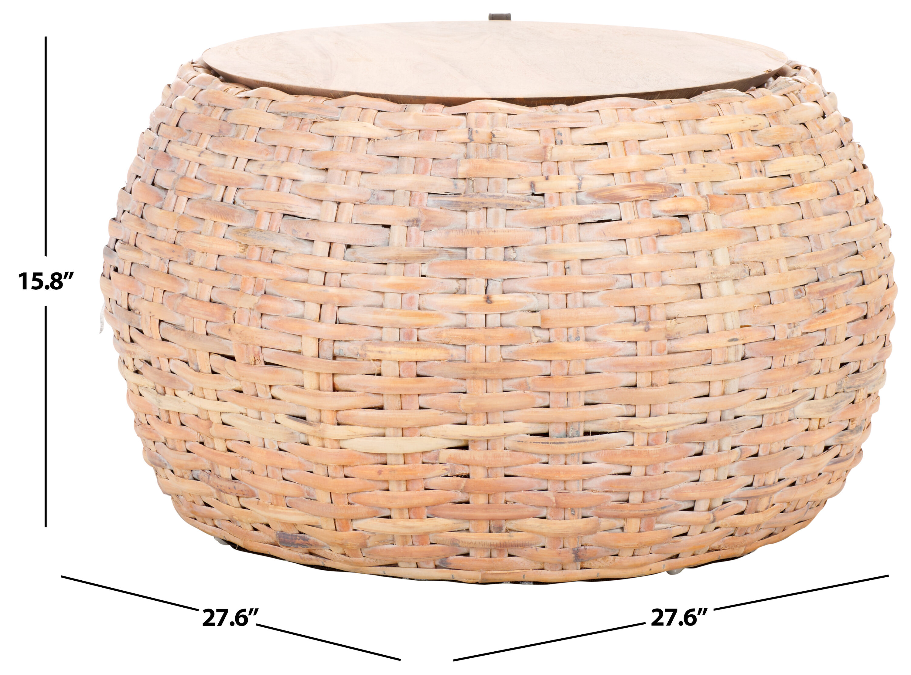 Natural White Wash Wood and Rattan Round Coffee Table