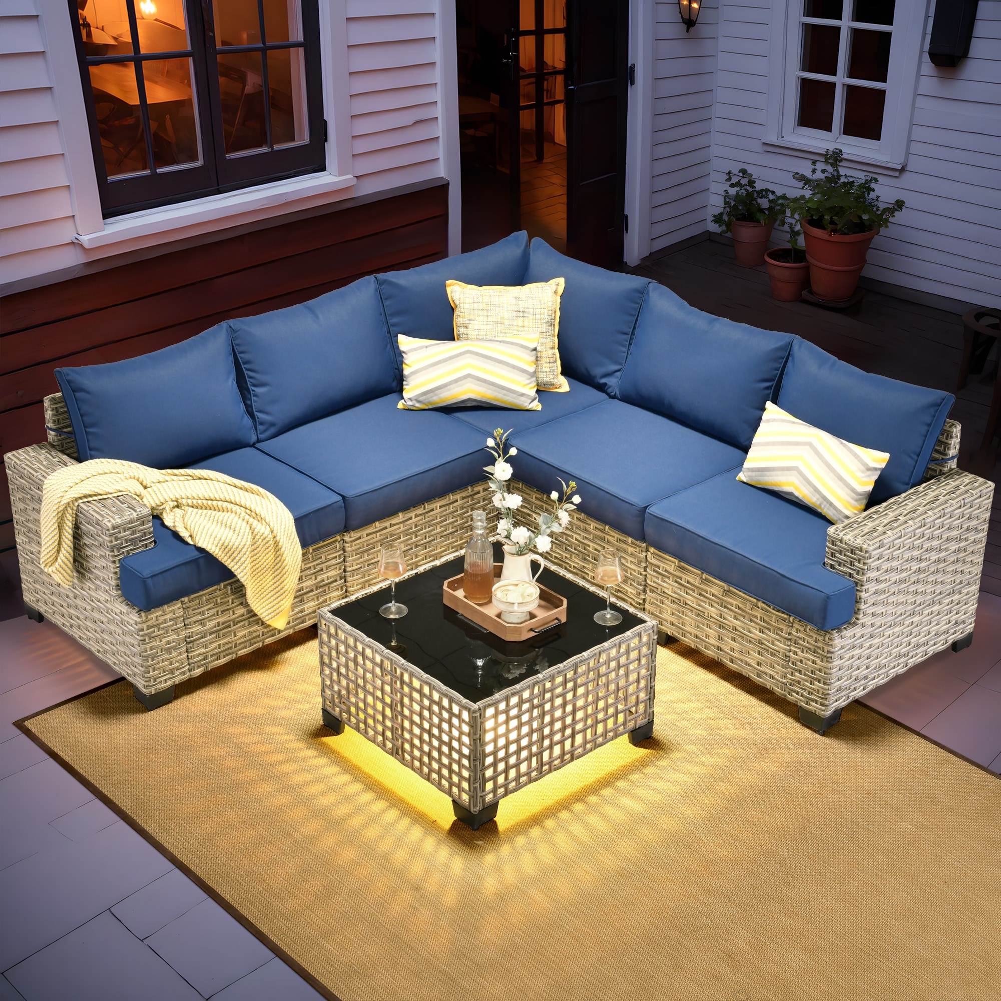 Caodoc L5-TBS706-1 TBS Rattan Outdoor Sectional with Blue Cushions and Wicker Frame