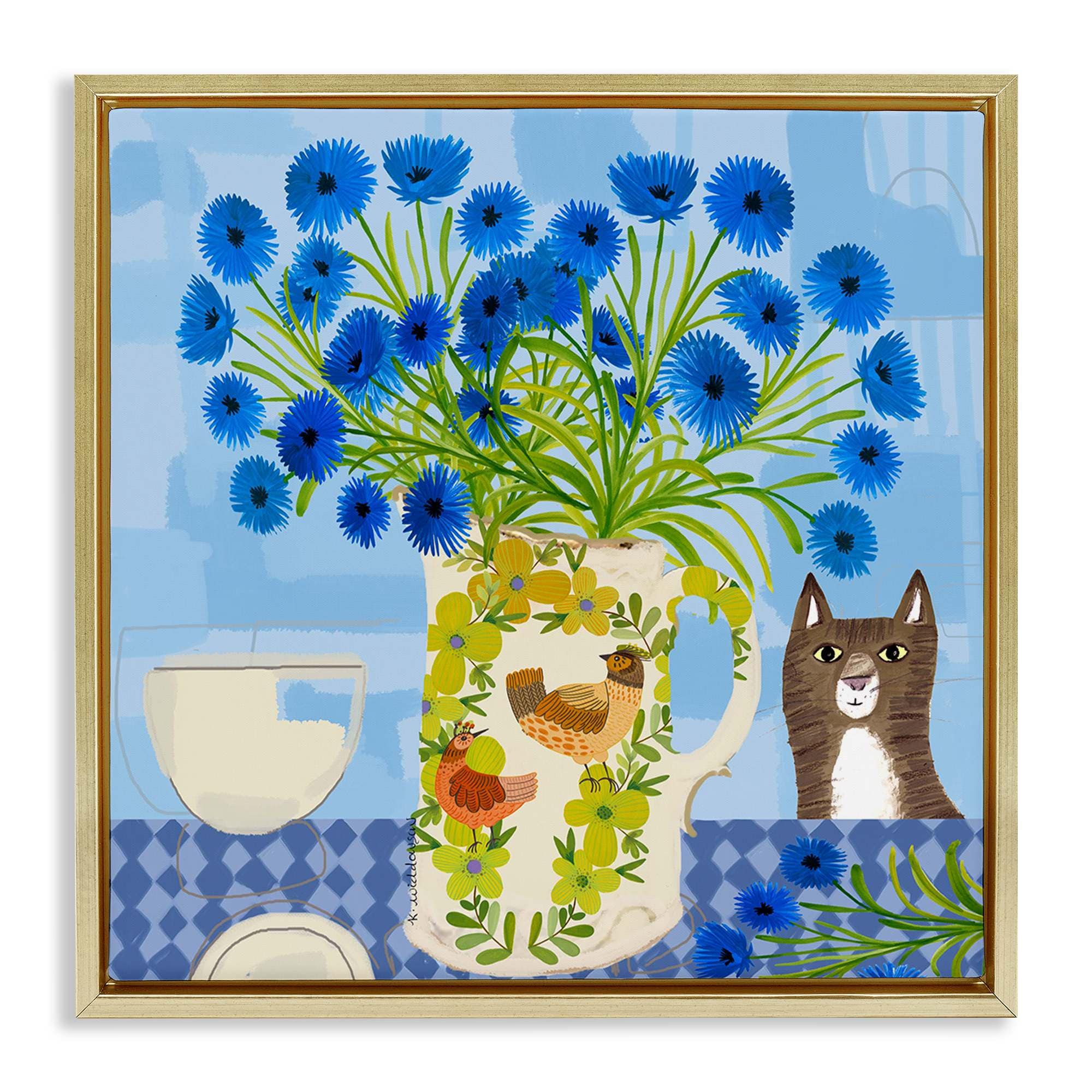 Stupell Industries BS-591-FFG-17X17 Whimsical Jug of Cornflowers Gold Framed Floater Canvas Wall Art By Kay Widdowson 18 x 18
