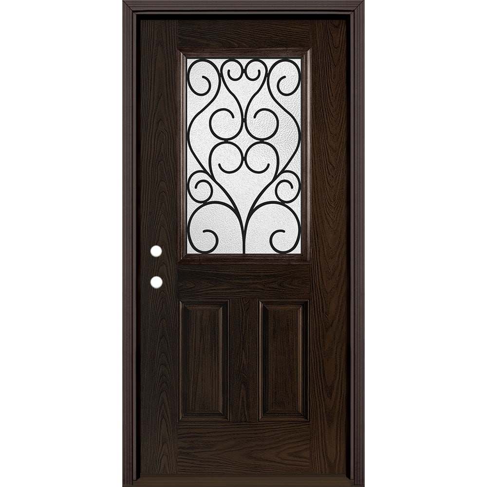 Masonite 3420694 Iron Springs 36-in x 80-in x 4-9/16-in Fiberglass Half lite Right-hand inswing Walnut Stained Prehung Front Door with Brickmould Insulating core