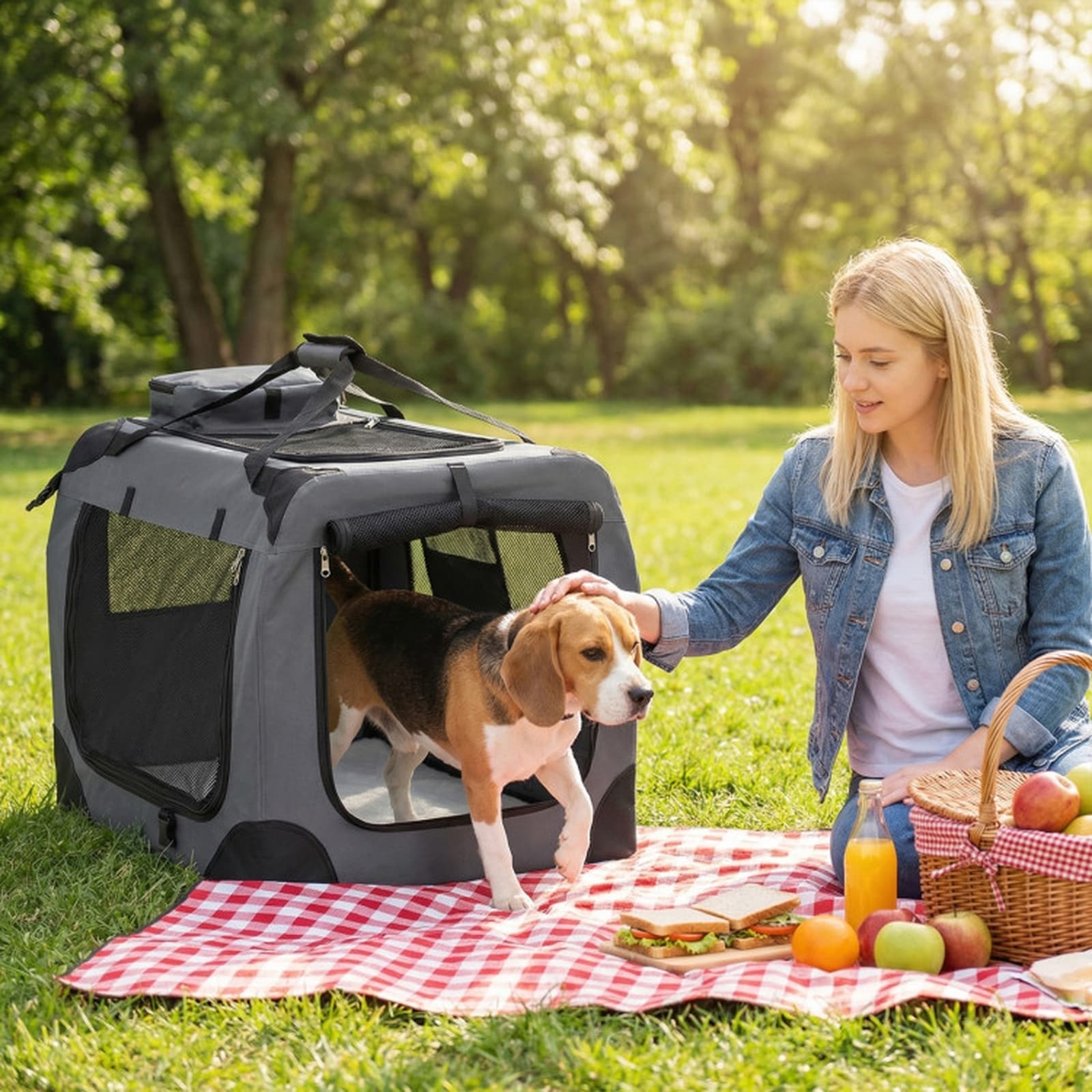 SUGIFT Collapsible Soft Dog Crate 33-in Travel Crate with Mesh Windows 3 Doors and 50-lb Capacity - Medium