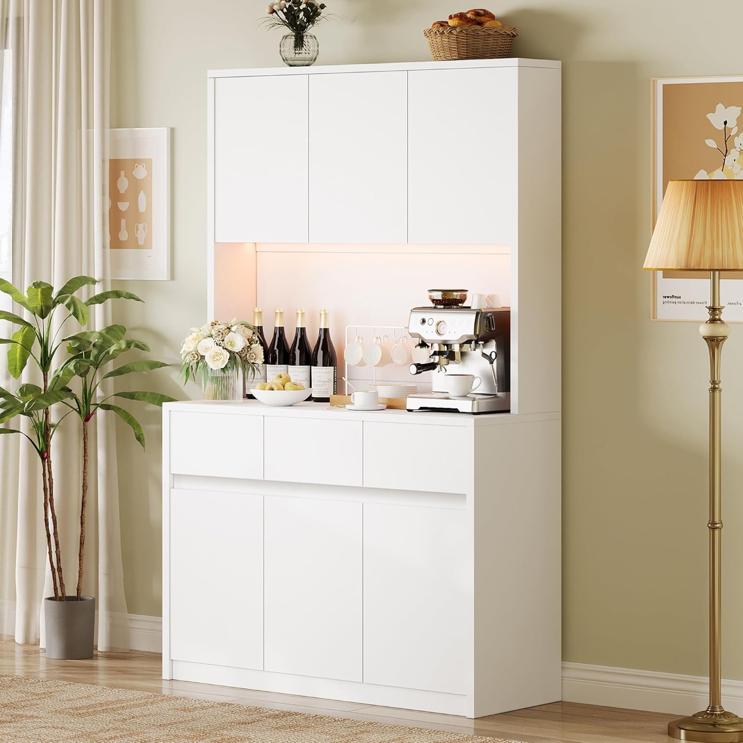 Garvee Kitchen Pantry Storage Cabinet Tall Storage Cabinet with Doors and Shelves Kitchen Storage Hutch with Microwave Stand Led Lights and Charging Station  White