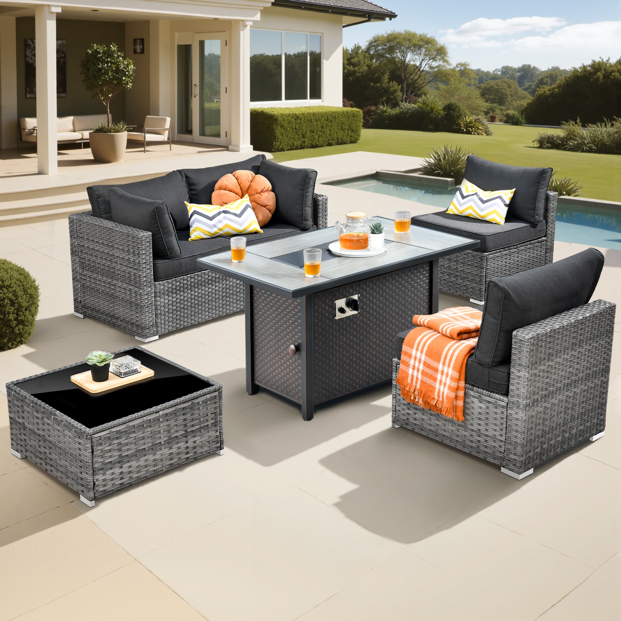 Pouuin SCFPHOP105 5 -Piece Wicker Patio Conversation Set with Black Cushions