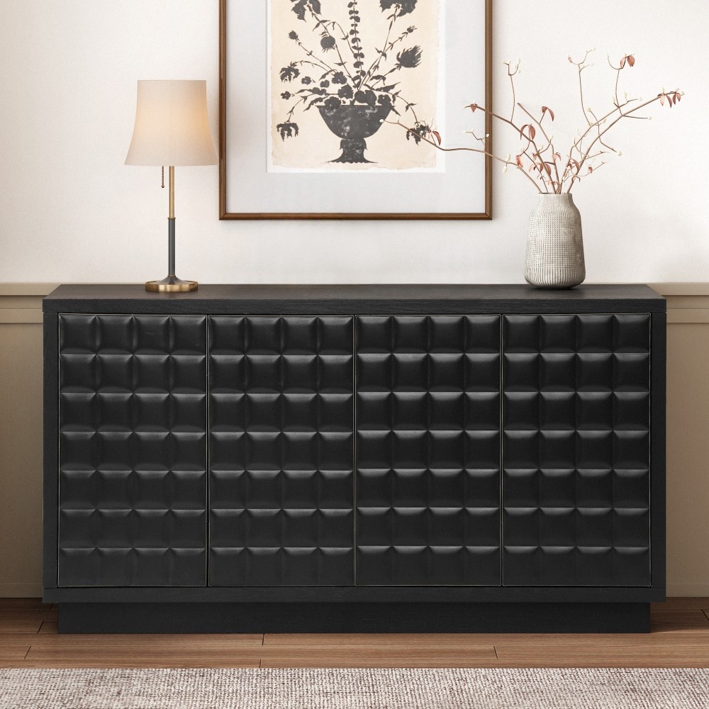 GlasFlength  Black Modern 4 Door Storage Cabinet with 3D Geometric Doors and Metal Trim Stylish Sideboard for Living Room Kitchen or Office