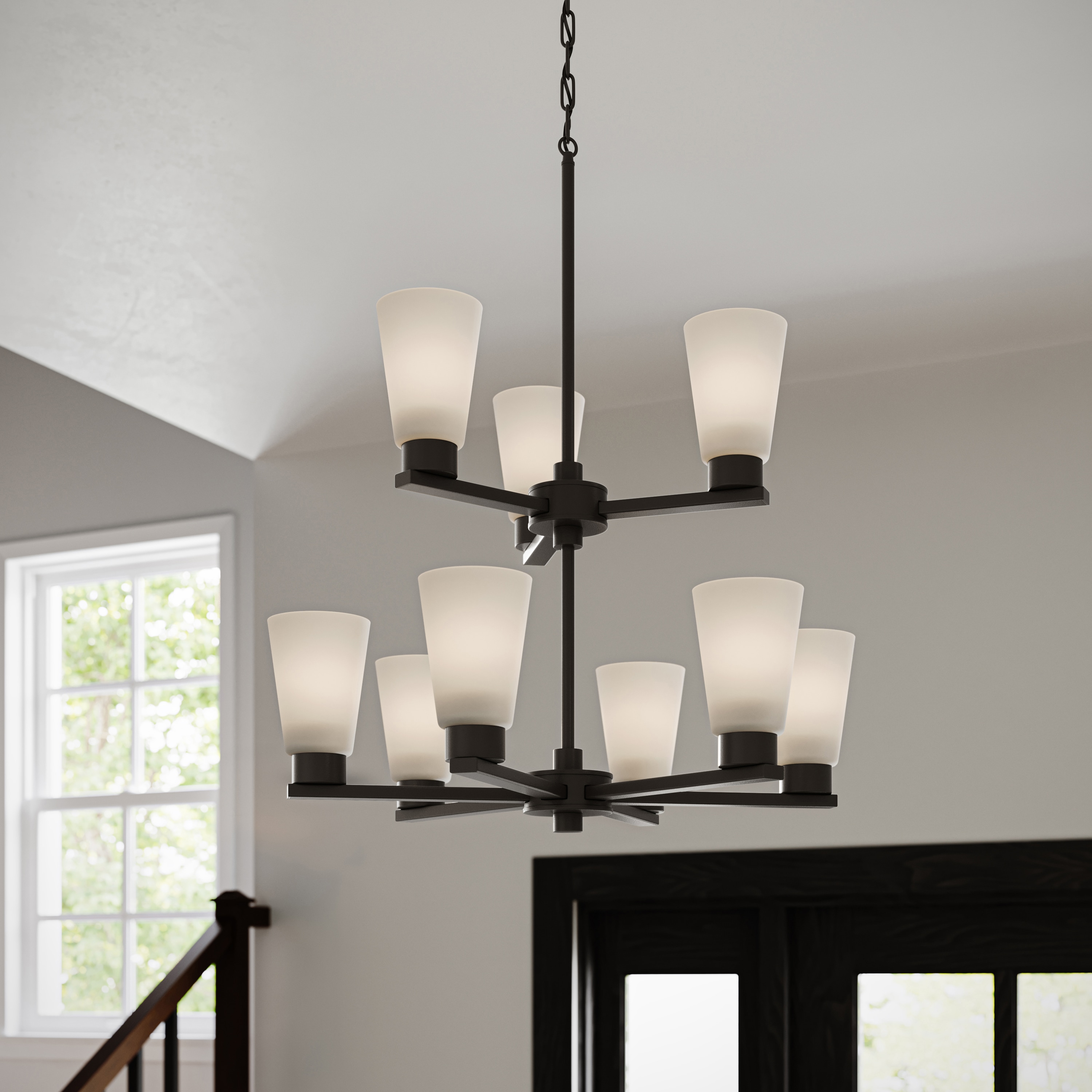 Kichler Stamos 24" 9-Light 2-Tier Chandelier with Satin Etched Glass in Olde Bronze