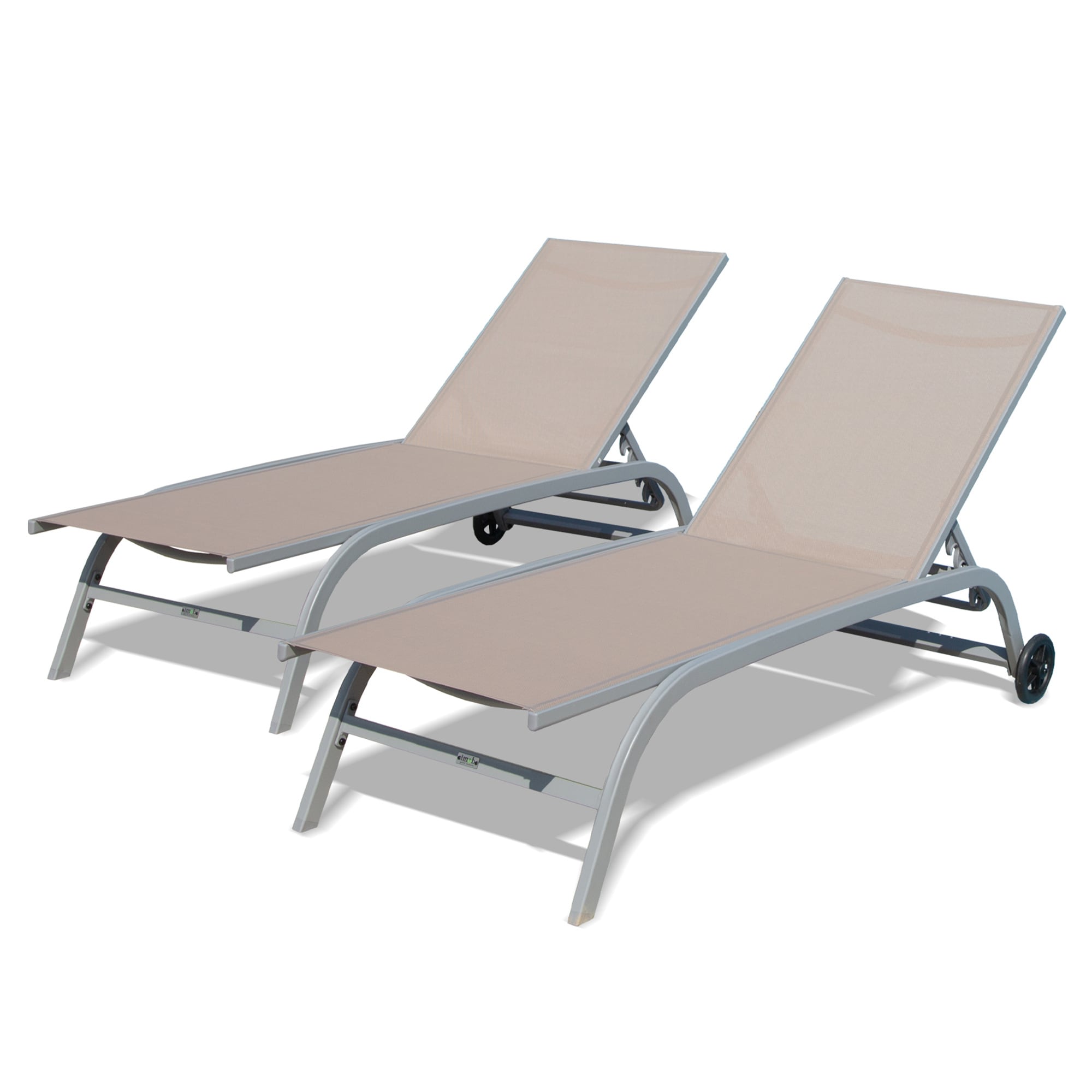 GZMR GZ-CPL-09848 Outdoor Lounge Chairs with 5 Adjustable Position Set of 2 Khaki Aluminum Frame Stationary Chaise Lounge Chair with Brown Textilene fabric Solid Seat