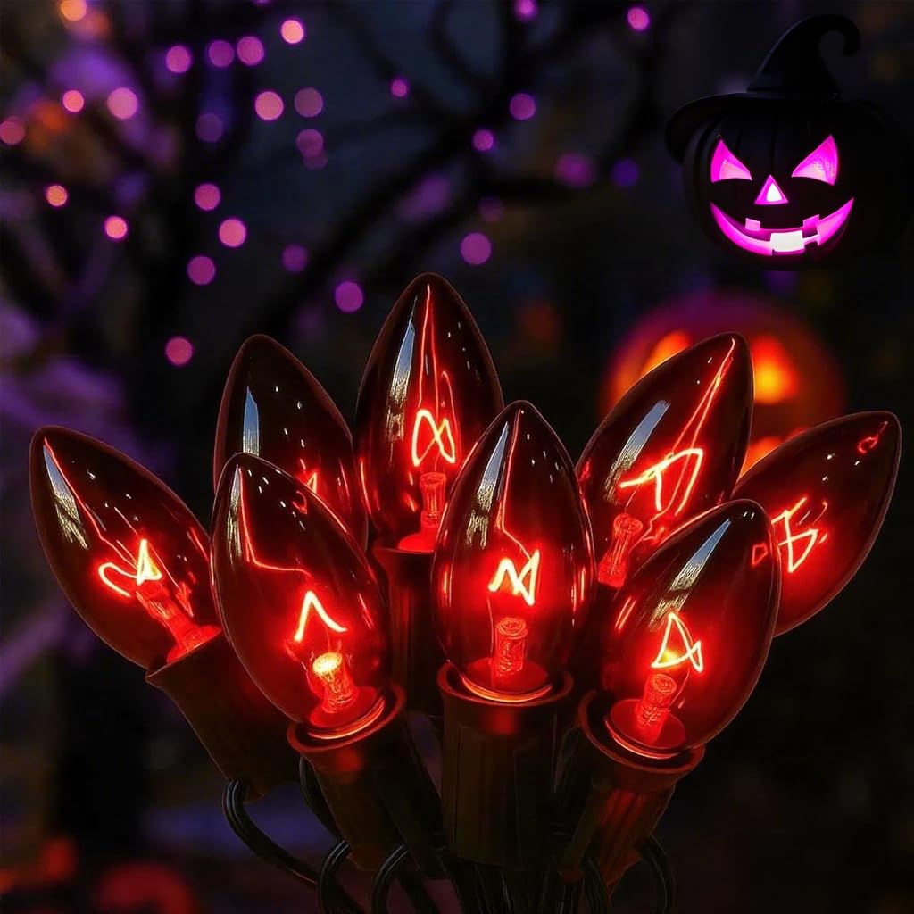 Lukvuzo  C9 Black String Light 25Ft Vintage Halloween Lights with 26 Black Light Purple Bulbs 1 Spare Connectable Patio String Lights for