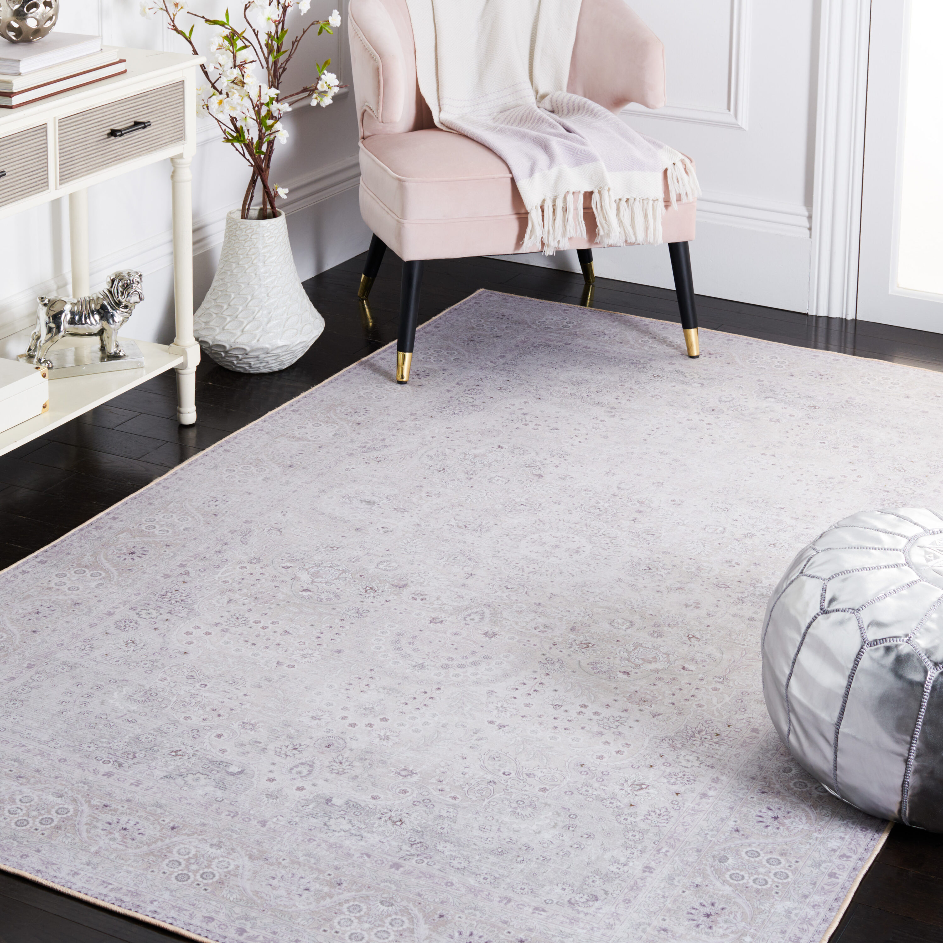 Ivory Rectangular Machine Washable Synthetic Area Rug