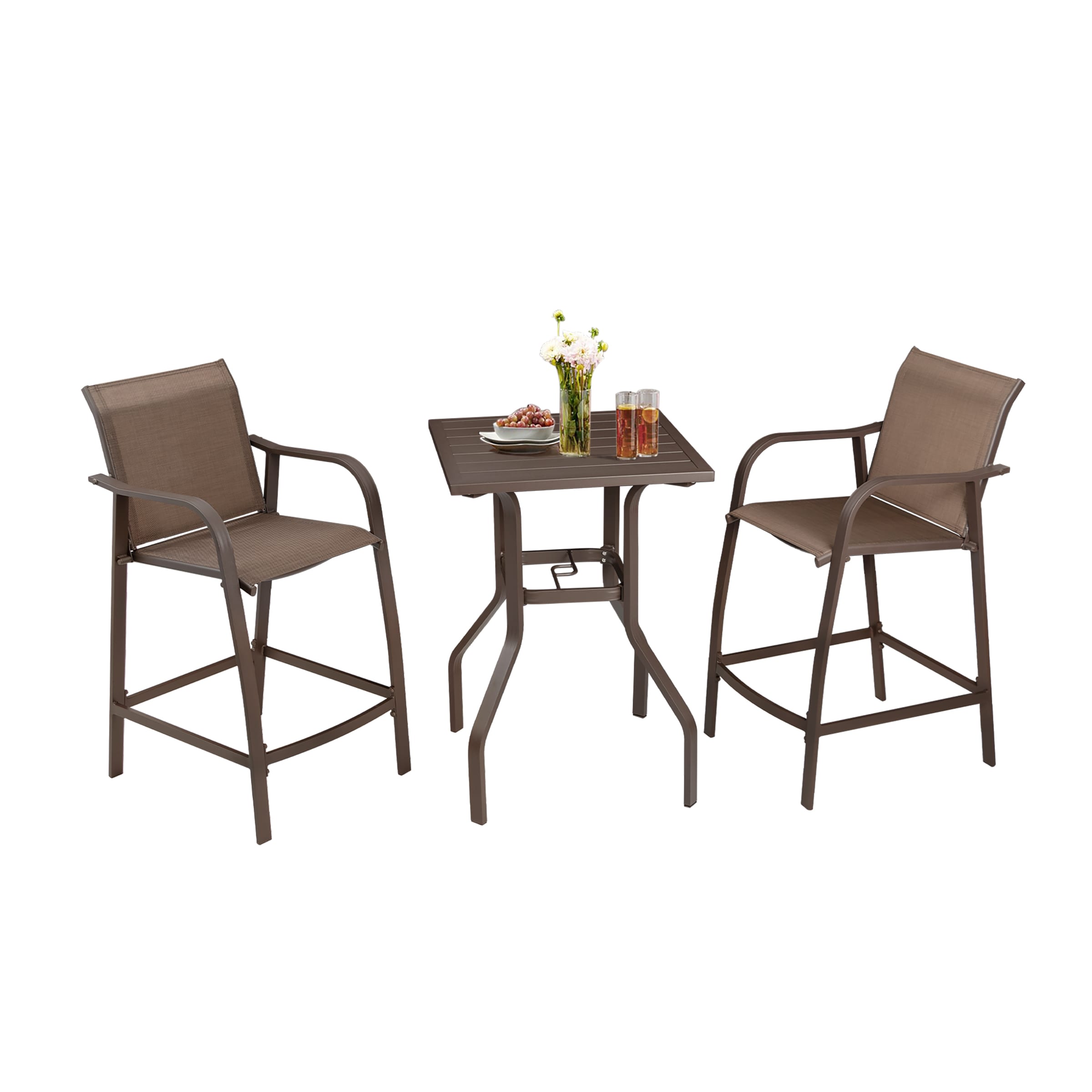Crestlive Products CL-ST009BRN-3 3 PCS Patiobar Table and Stools Set 3 -Piece Patio Conversation Set with Brown