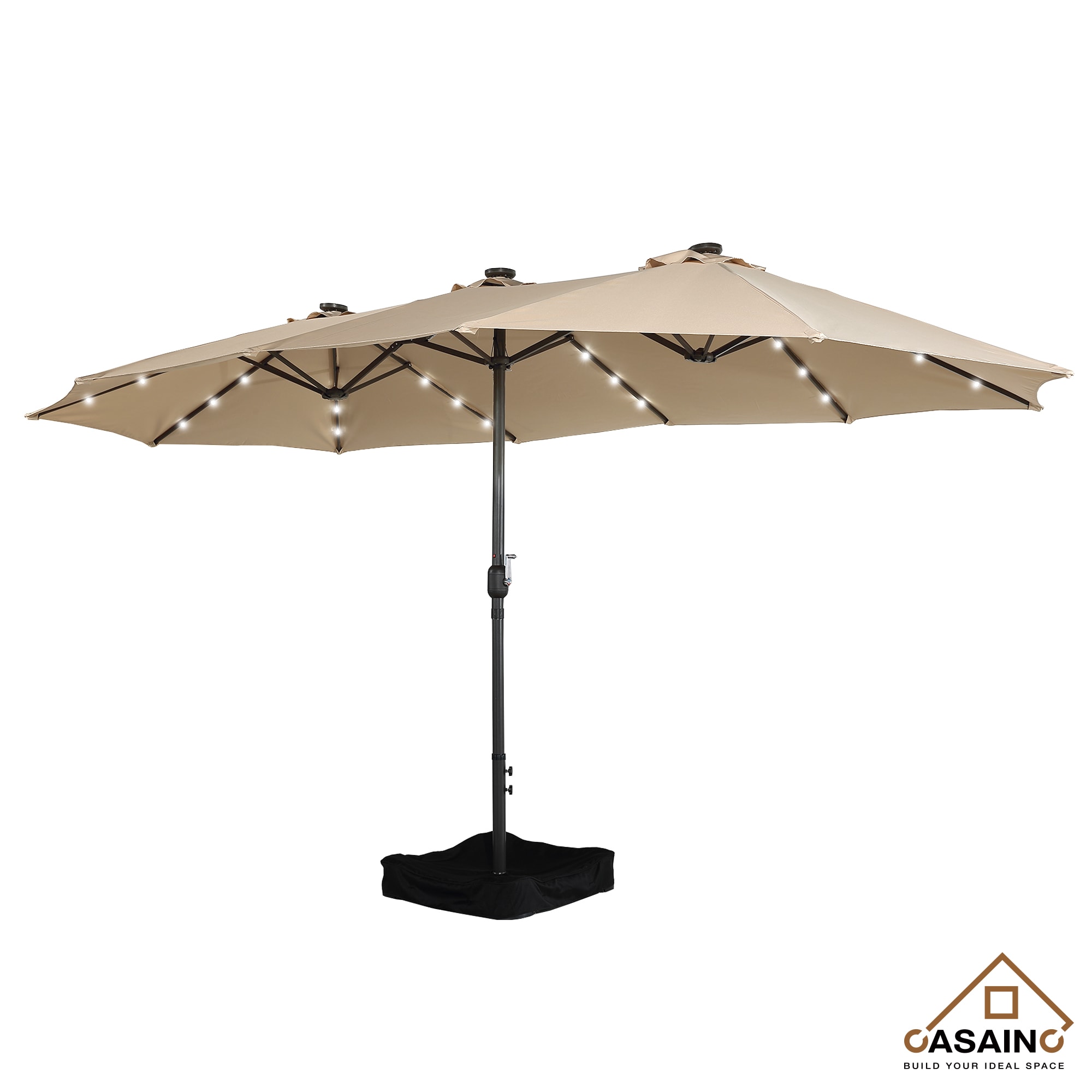 CASAINC ED1509200001003 15-ft Steel Tan No-tilt Market Patio Umbrella with Lights with Base
