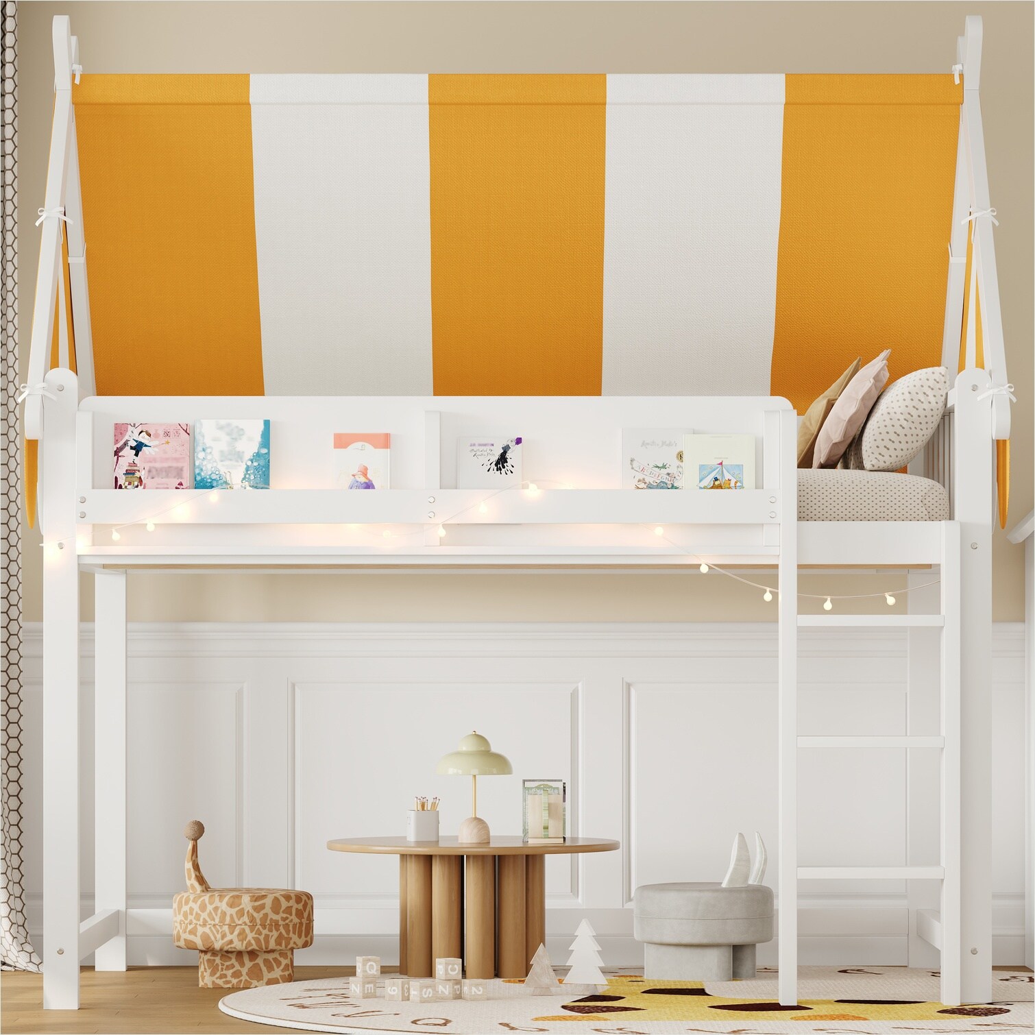 Naturefalls Solid Wood Full Loft Bed with Canopy and LED Lights Clean ...