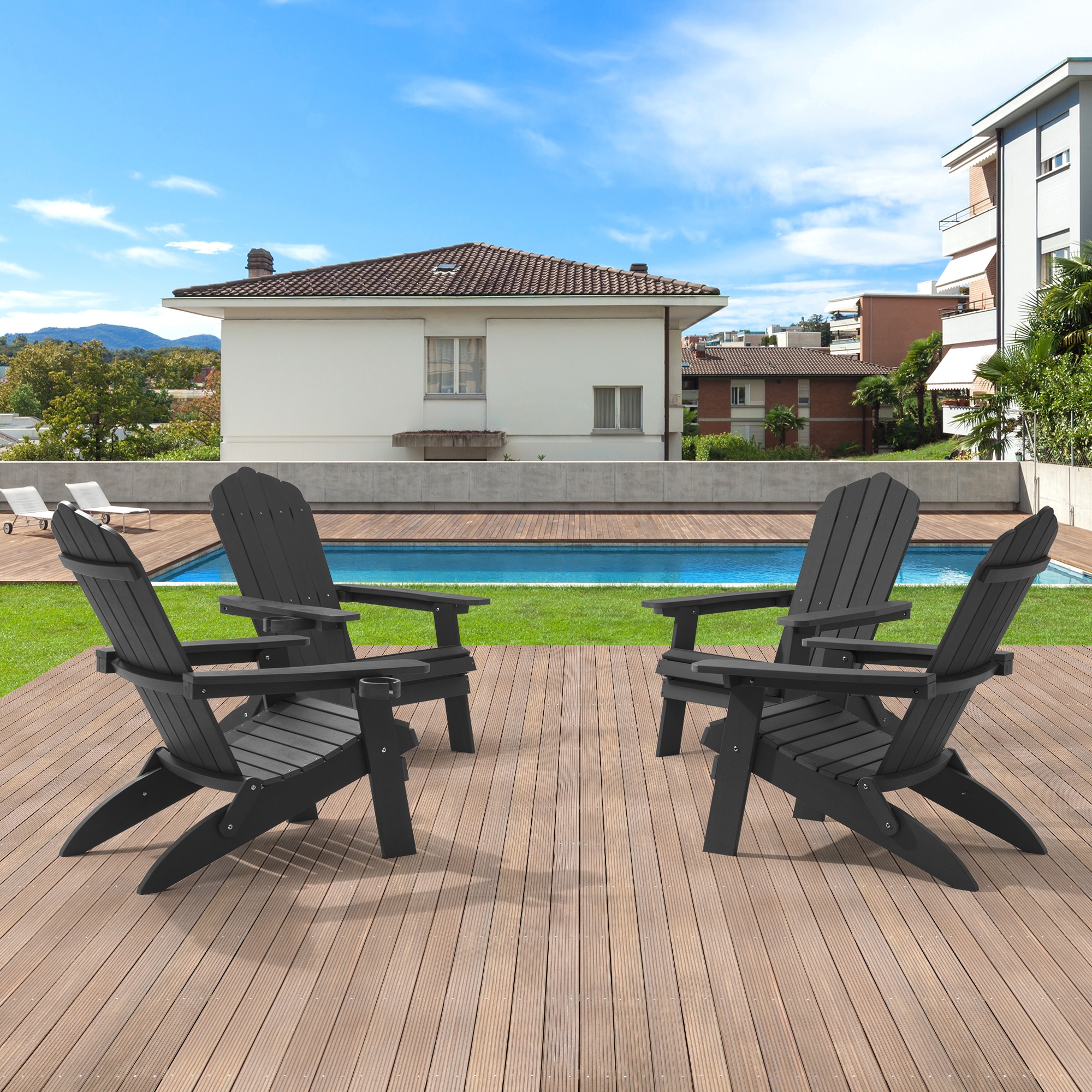 ACEGOSES LW-FD67-BK-4 Foldable Adirondack Chair Set of 4 Black HDPE Frame Stationary Adirondack Chair with Slat Seat
