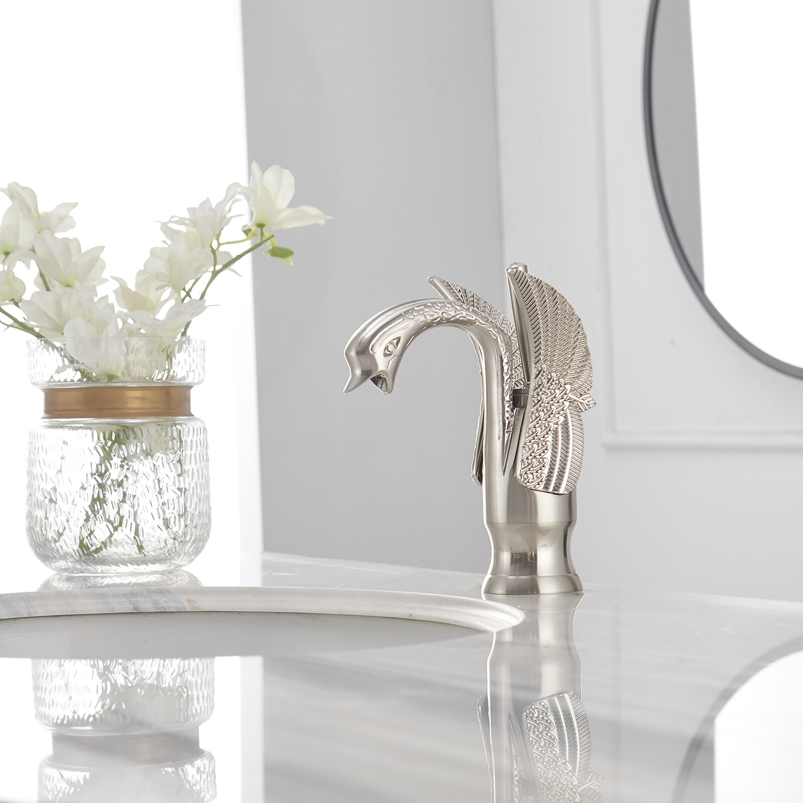 Brushed Nickel Swan Single Handle Bathroom Faucet with Pop Up Drain