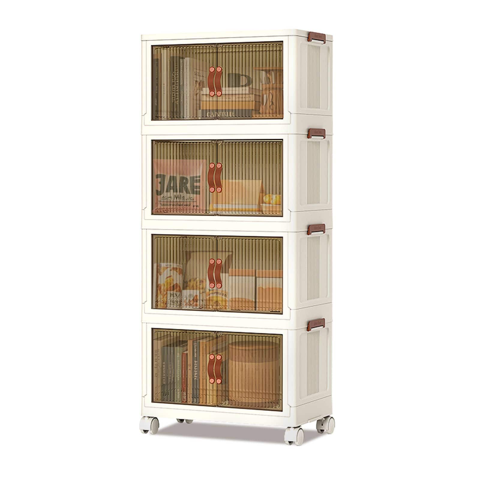 WhizMax 1GGL-PHK-33E48B39 4 Tier Stackable Storage Bins With Lids  Stackable Storage Bins With Wheels And Magnetic Doors  4 Pack Cubes Plastic Collapsible Storage Bin Containers For Living Room