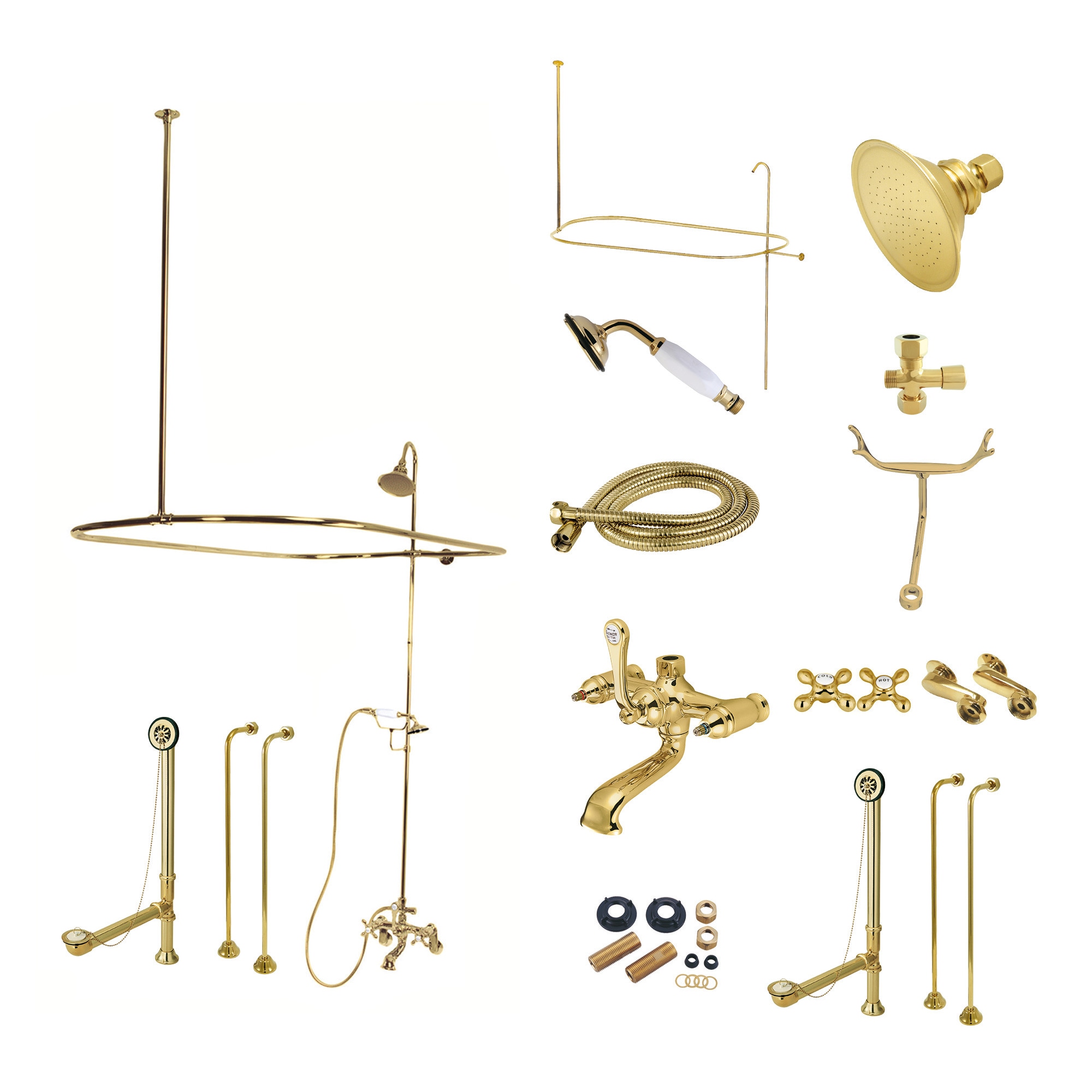 Kingston Brass WLCCK1142AX Vintage Polished brass 3-handle Wall-mount Low-arc Bathtub Faucet with Hand Shower ( Valve Included )