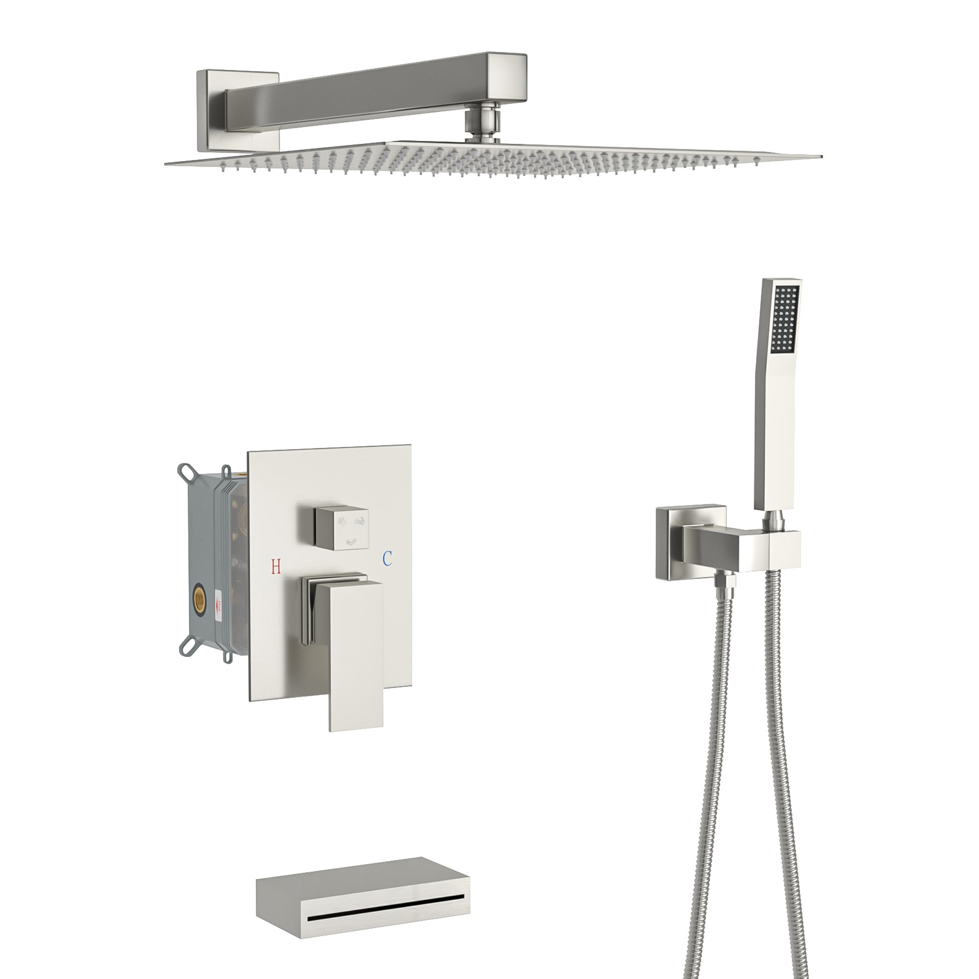 Mondawe MD-SMD02BG Brushed Nickel 12-in Dual Head Built-In Shower Faucet System with 3-way Diverter ( Pressure-balanced Valve Included )