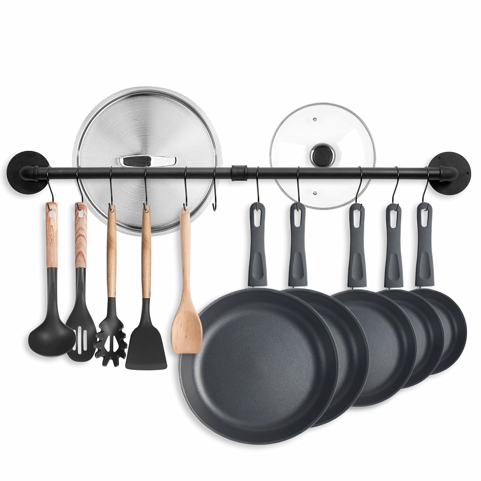 UUDULY  38 Inch Wall Mounted Pot Rack Industrial Pipe Pan Organizer with 10 S Hooks Kitchen Utensil Holder for Pots Pans Lids Towels Plants Black