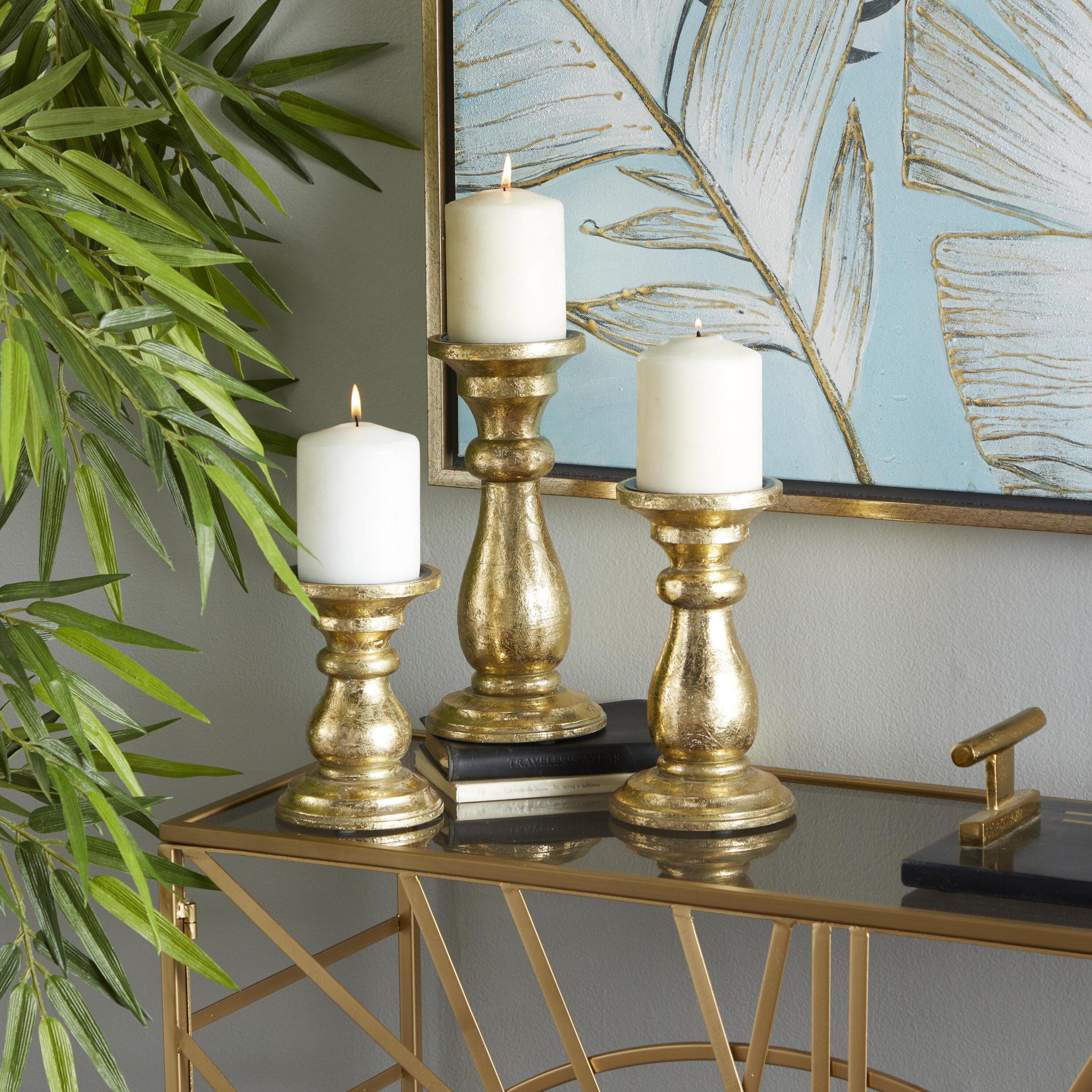 Elegant Gold Mango Wood Pillar Candle Holder Trio