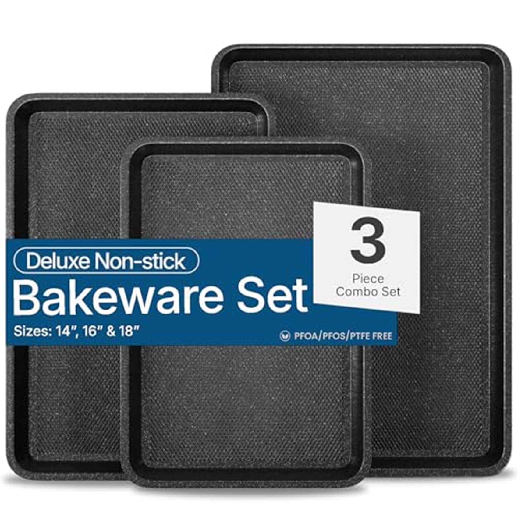 Bakken Swiss BAKKEN Kitchen Baking Pans Pack of 3 Small Medium Large Nonstick Cookie Sheet Gray Marble Diamond Texture Oven Safe 450F PFOA PFOS PTFE Free