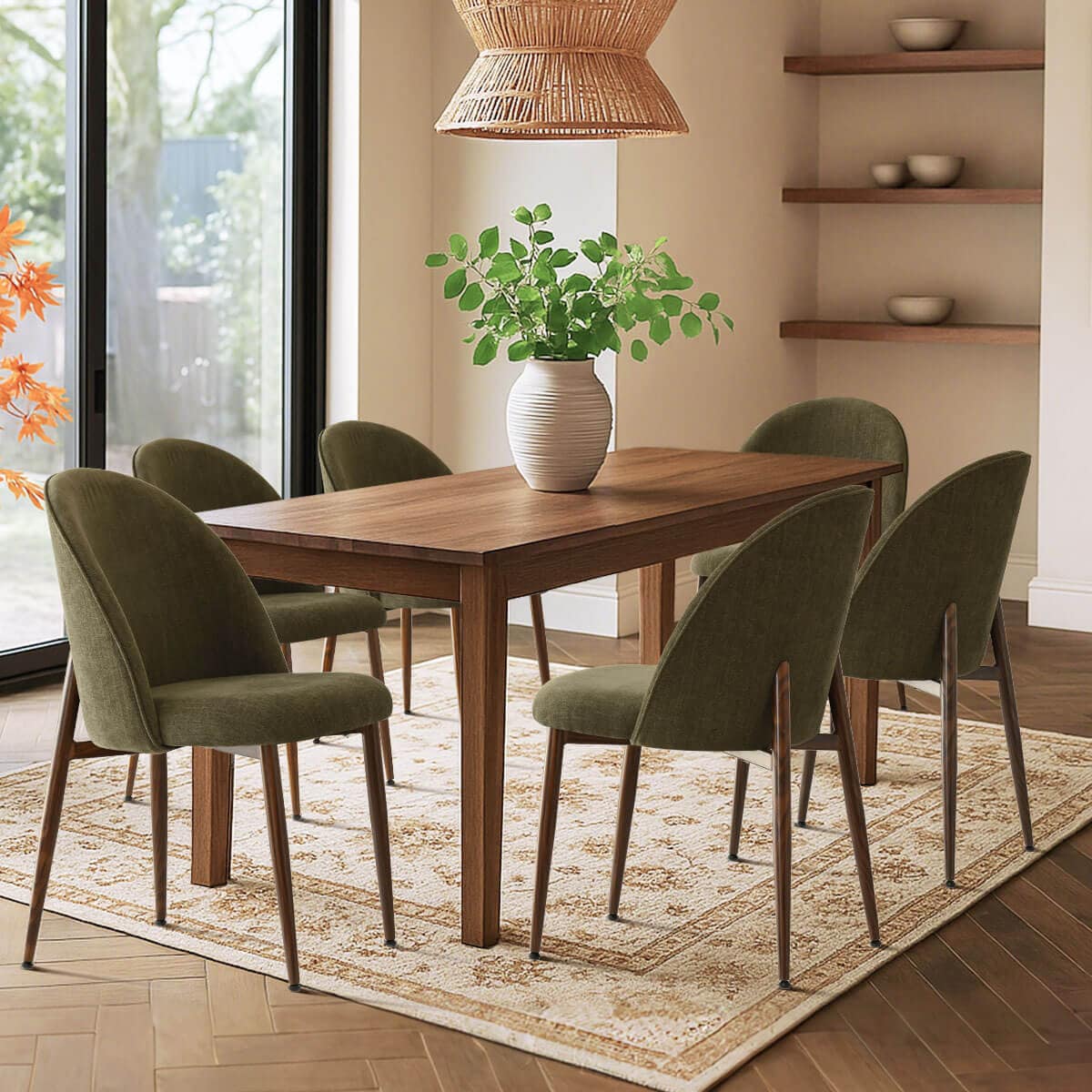 Maison Boucle Set of 6 Modern Dining Chairs with Green Fabric Seat and Walnut Look Metal Legs for Family Gathering
