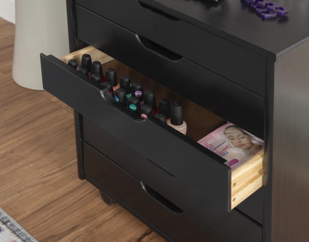Cary Modern Black Pine Wood 6-Drawer Mobile Storage Cart