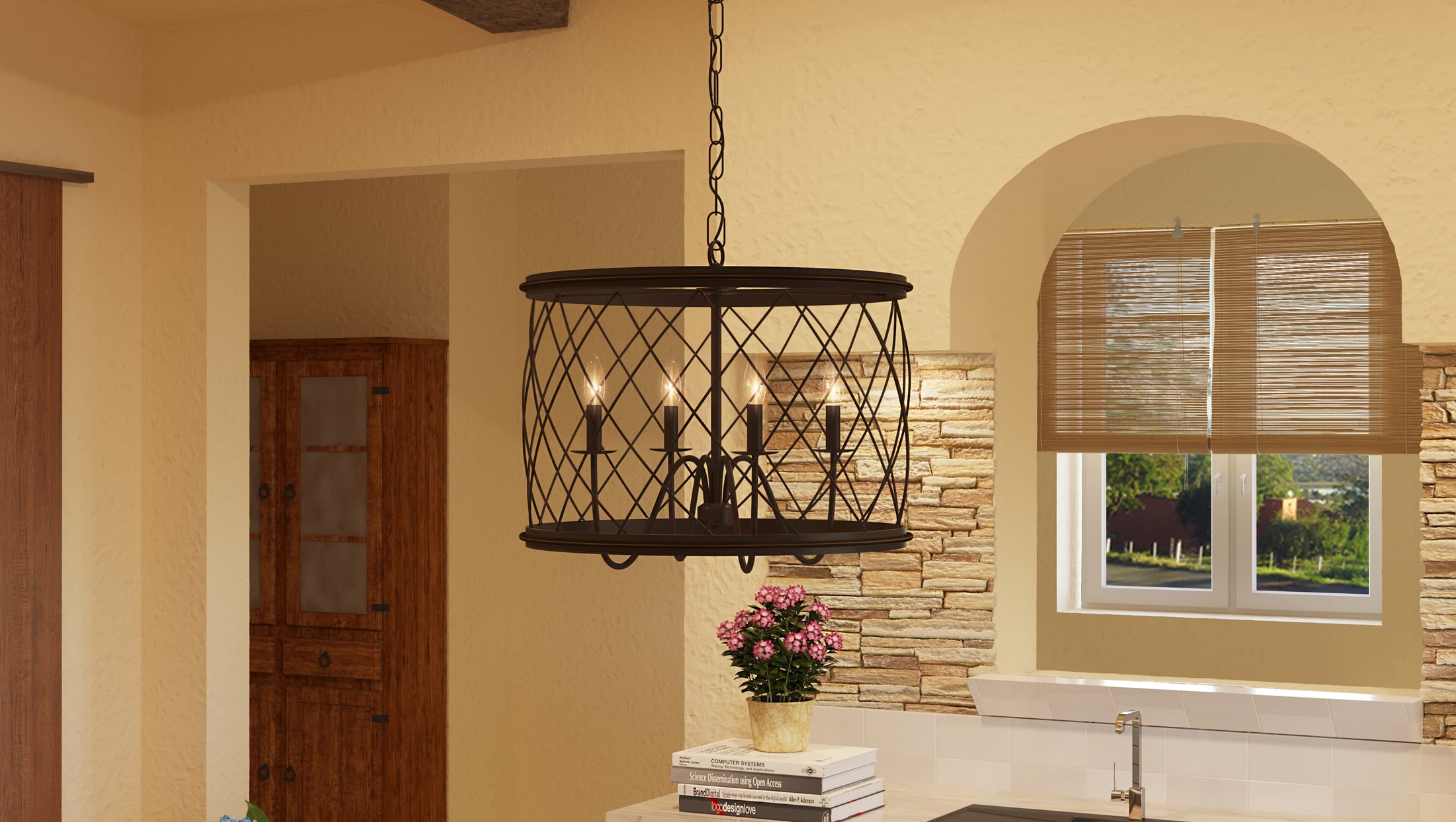 Palladian Bronze 21" Circular Diamond Cage Pendant Light