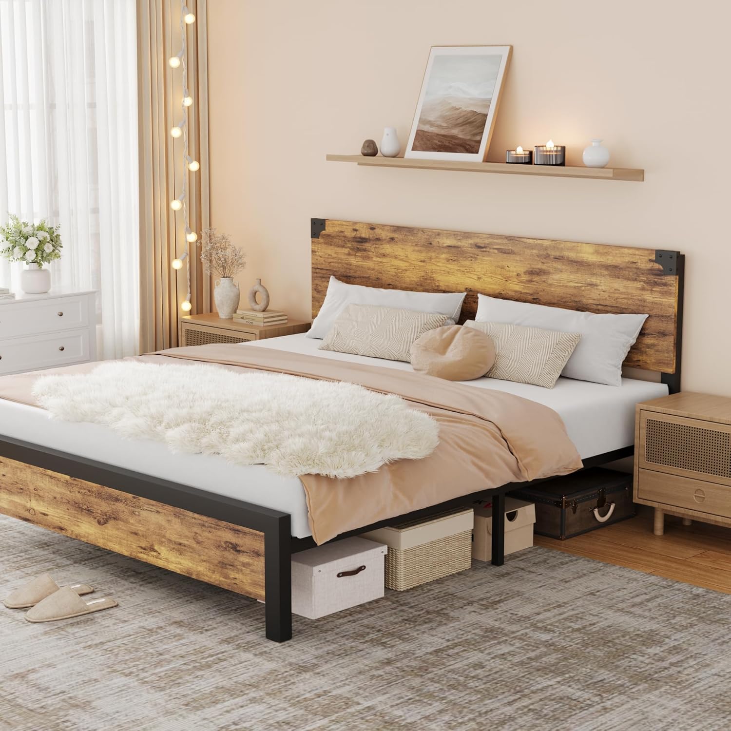 Qeetex LHF-BED-PHO-0V1QPEUS Full Bed Frame Platform Full Size Bed Frame with Wood Headboard Metal Full Bed Frame with Under Bed Storage and Support Legs Noise Free No Box Spring Needed Easy Assembly-Rustic Brown