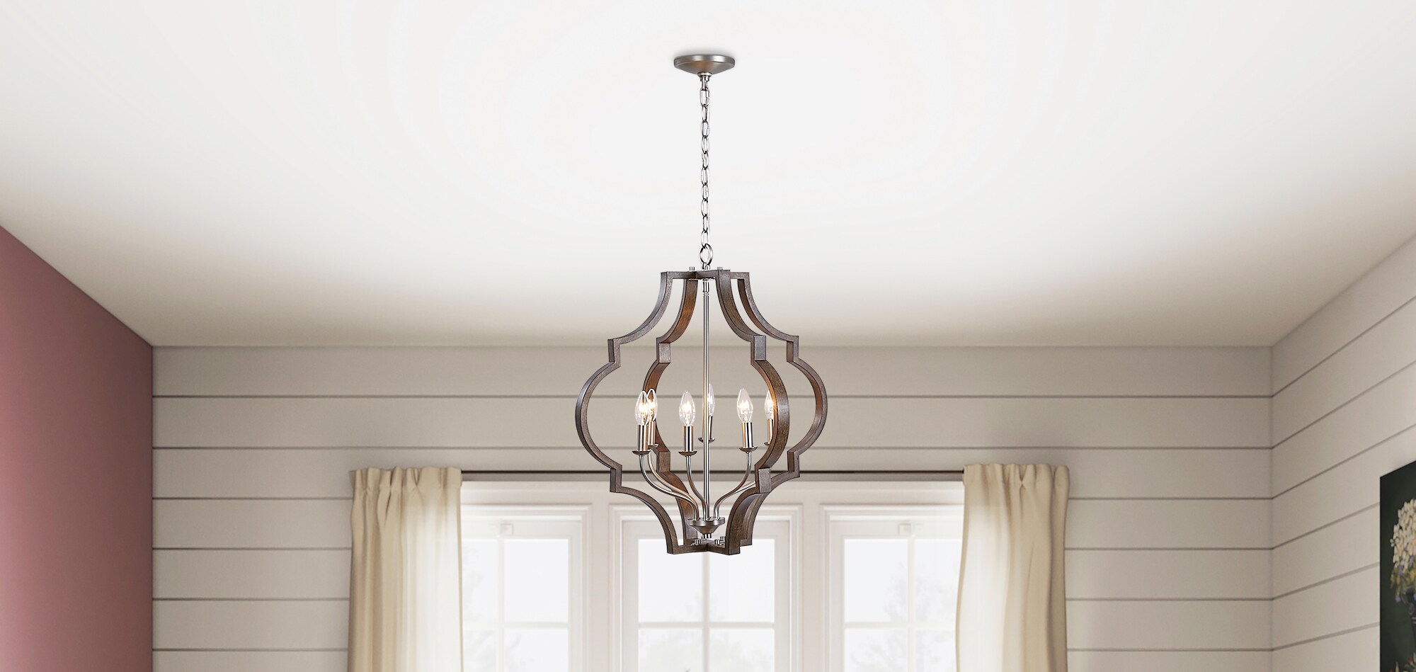 Progress Lighting Teigen 6-Light Teak Wood and Satin Nickel Farmhouse Geometric Large Hanging Pendant Light