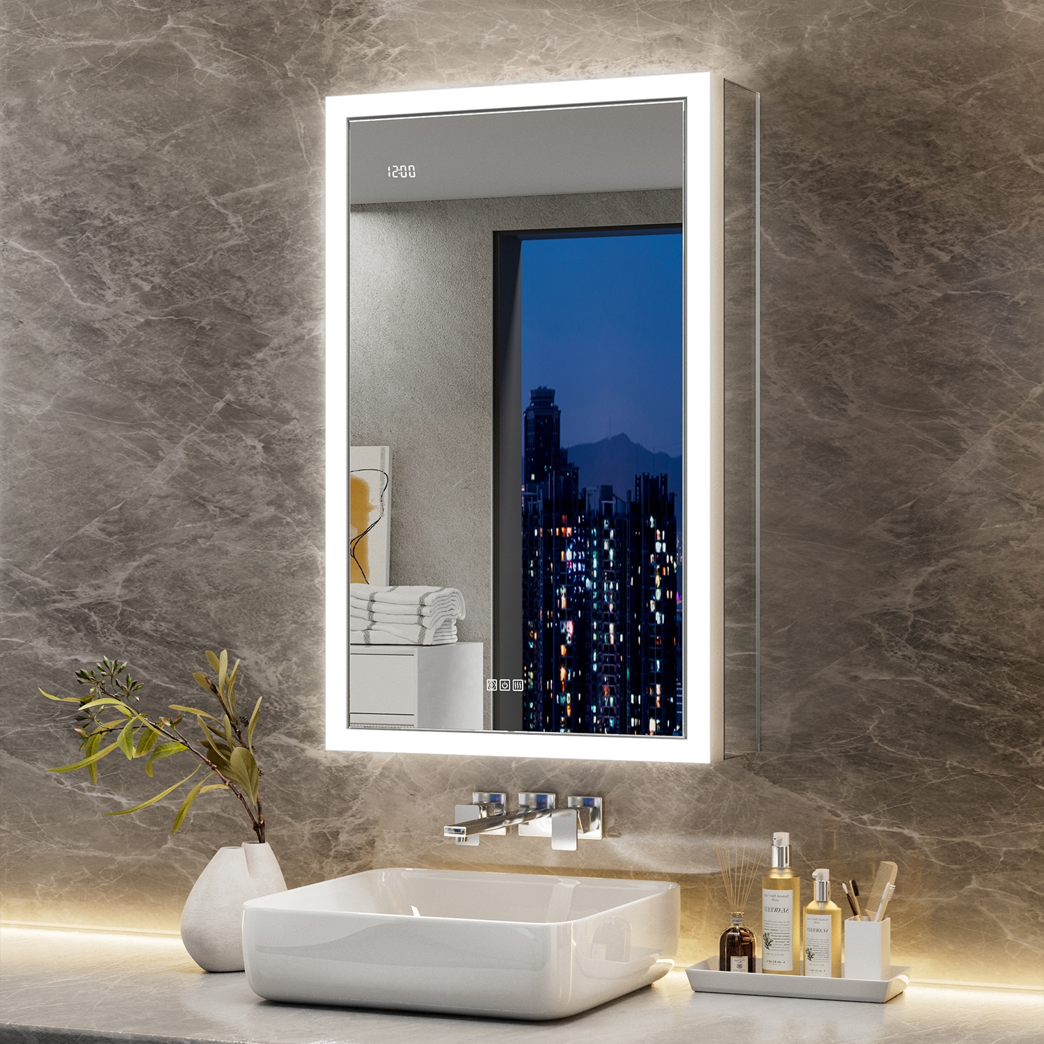 QueenFun BLMC2032 Elega 20-in x 32-in Lighted LED Fog Free Surface/Recessed Mount Silver Mirrored Rectangle Soft Close Medicine Cabinet