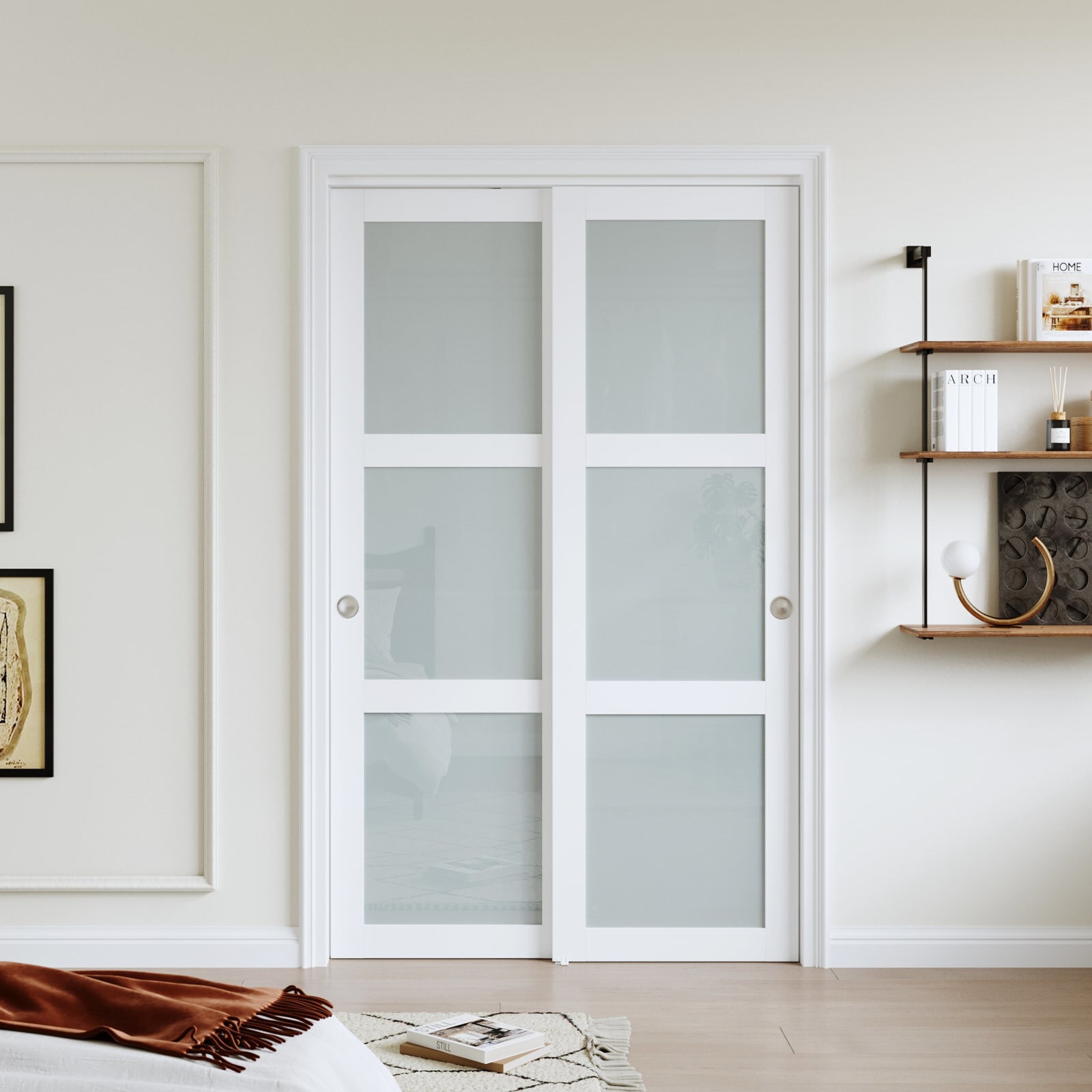 Fredbeck - 48-in x 80-in White 3-panel Frosted Glass Solid Core finished MDF Closet Sliding Door ...