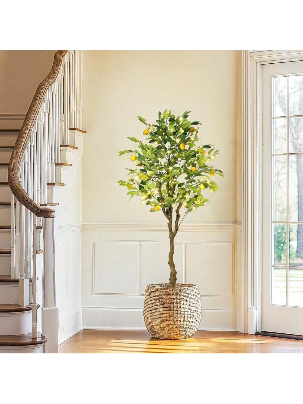 Qeetex PHK-33YKDWCN-HF4 5FT(With Lights) Artificial Lemon Tree Indoor. Pre Potted Faux Lemon Tree with Realistic Fruit and Lifelike Leaves. Fake Lemom Plant with Lights for Indoor Home Decor Office Living Room