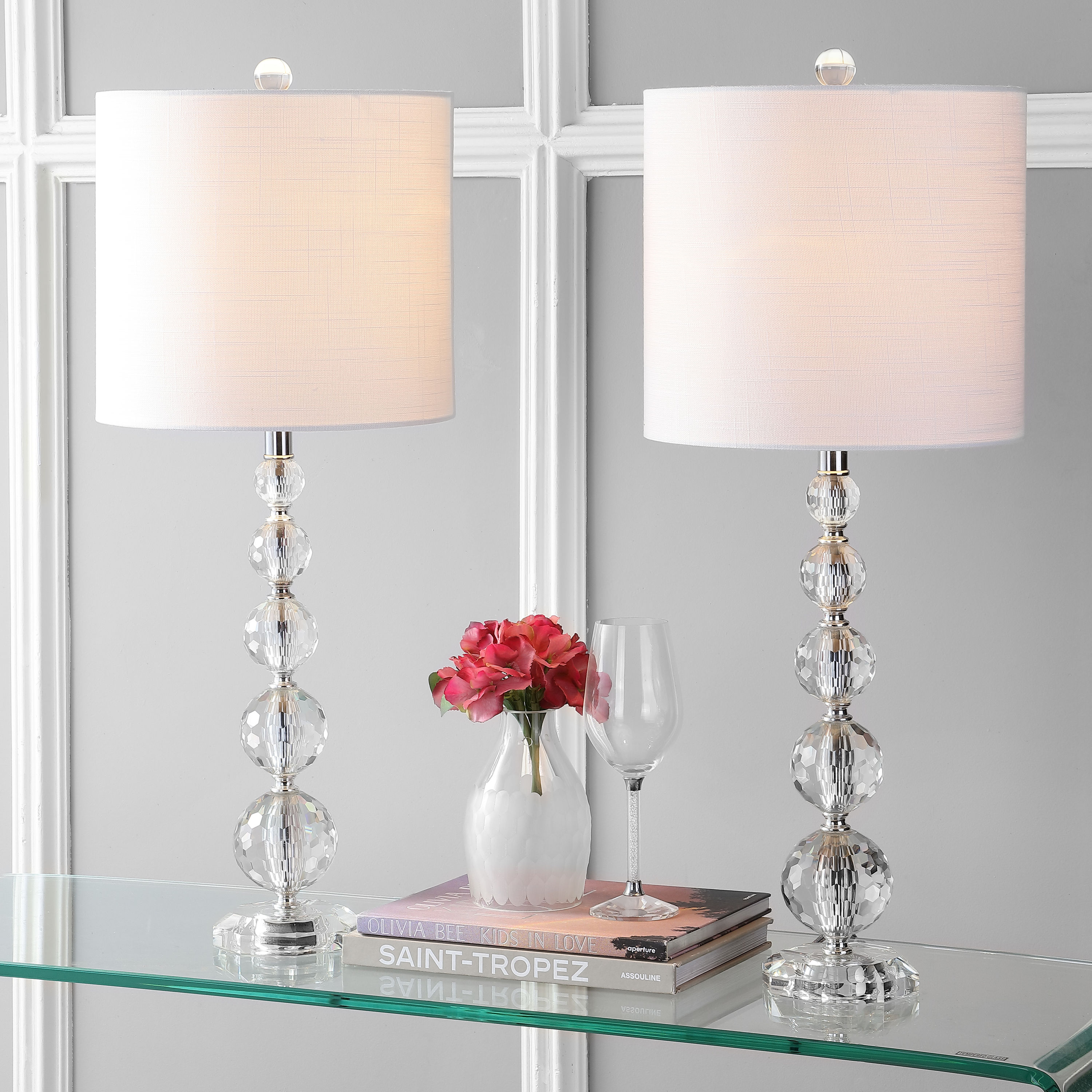 JONATHAN  Y JYL5002A-SET2 Nala Crystal Transitional Glam 27.25-in Chrome LED Incandescent Rotary socket Table Lamp with Linen Shade 2 -Set