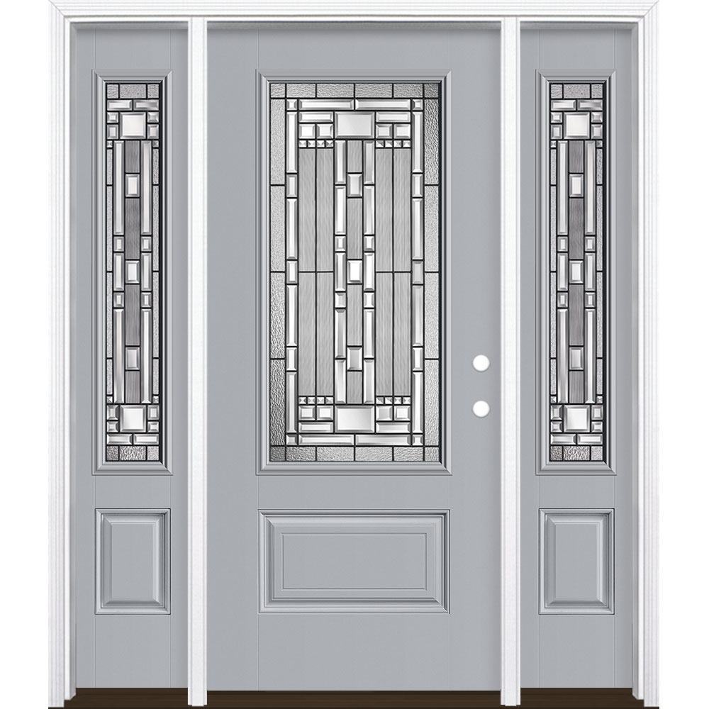 Masonite 3421239 Naples 60-in x 80-in x 4-9/16-in Fiberglass 3/4 lite Left-hand inswing Infinity Gray Painted Prehung Single door with sidelights Front Door with Brickmould Insulating core Decorative glass