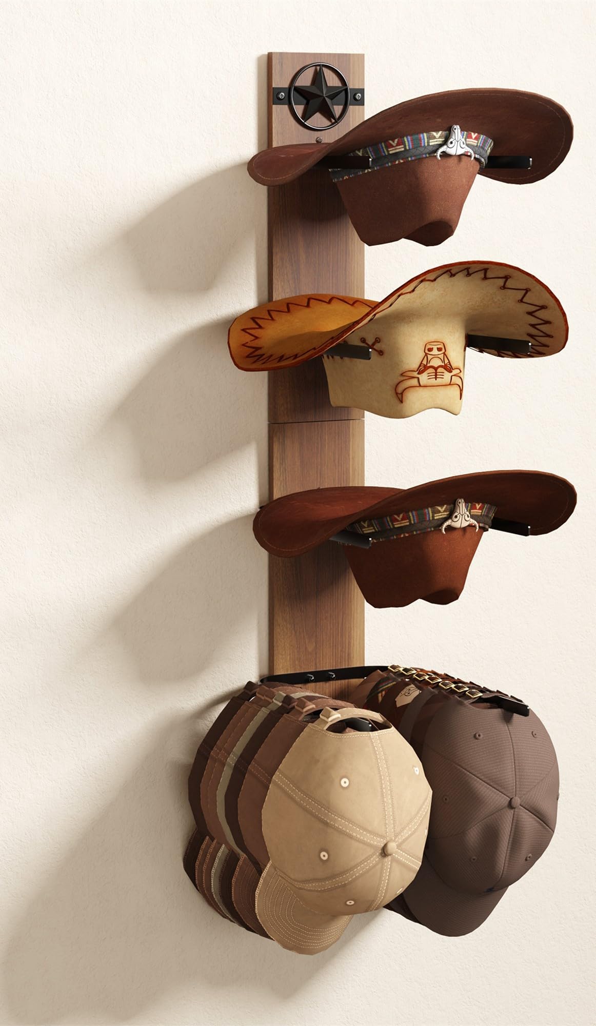 LAIFUCAM  Rustic Wood Star Cowboy Hat Rack 2 Piece Set Wall Mounted Organizer with 4 Hooks Wide Boards Western Decor for Entryway Bedroom