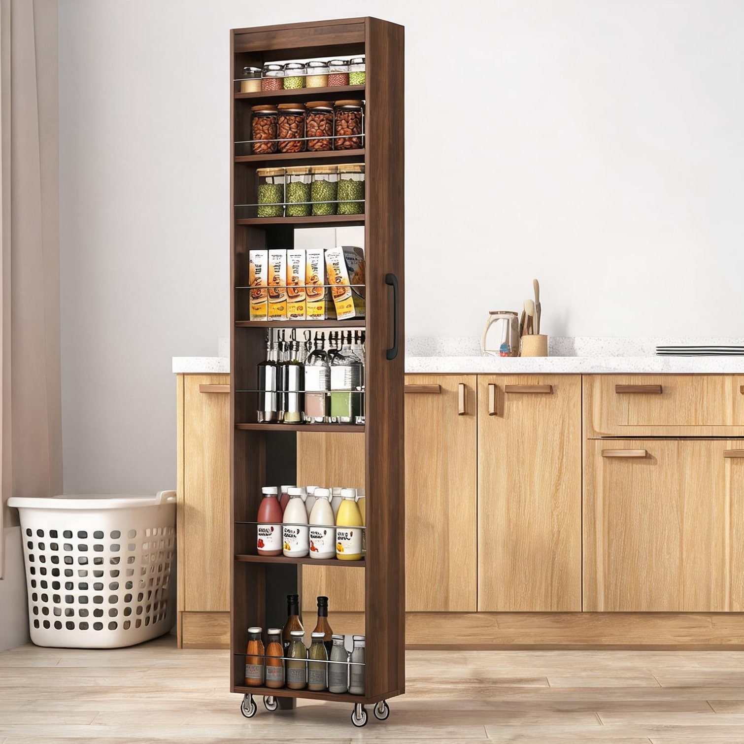 SUNCREAT Narrow Pull-Out 7-Tier Open Shelf Unit with Rolling Casters Wood-Tone Brown