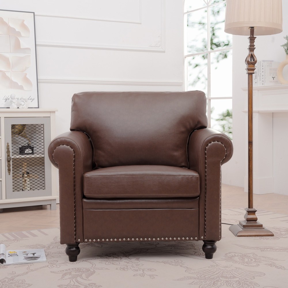 Coolbibila 37 in Modern Brown PU Faux Leather 1 Seater Sofa Armchair With Nailhead Rolled Arms