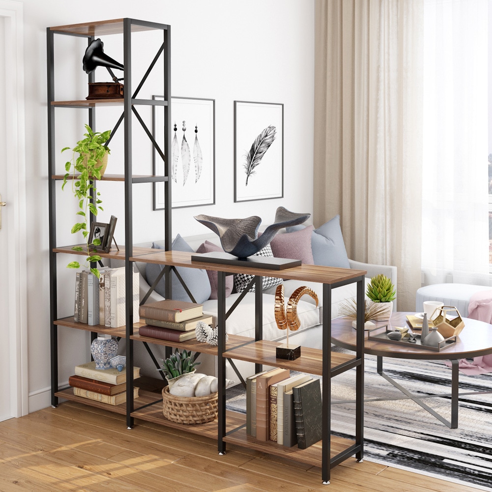 Tribesigns Brown Metal 12-Shelf Ladder Bookcase (39.37-in W x 70.86-in H x 11.81-in D) | HOGA-K0055