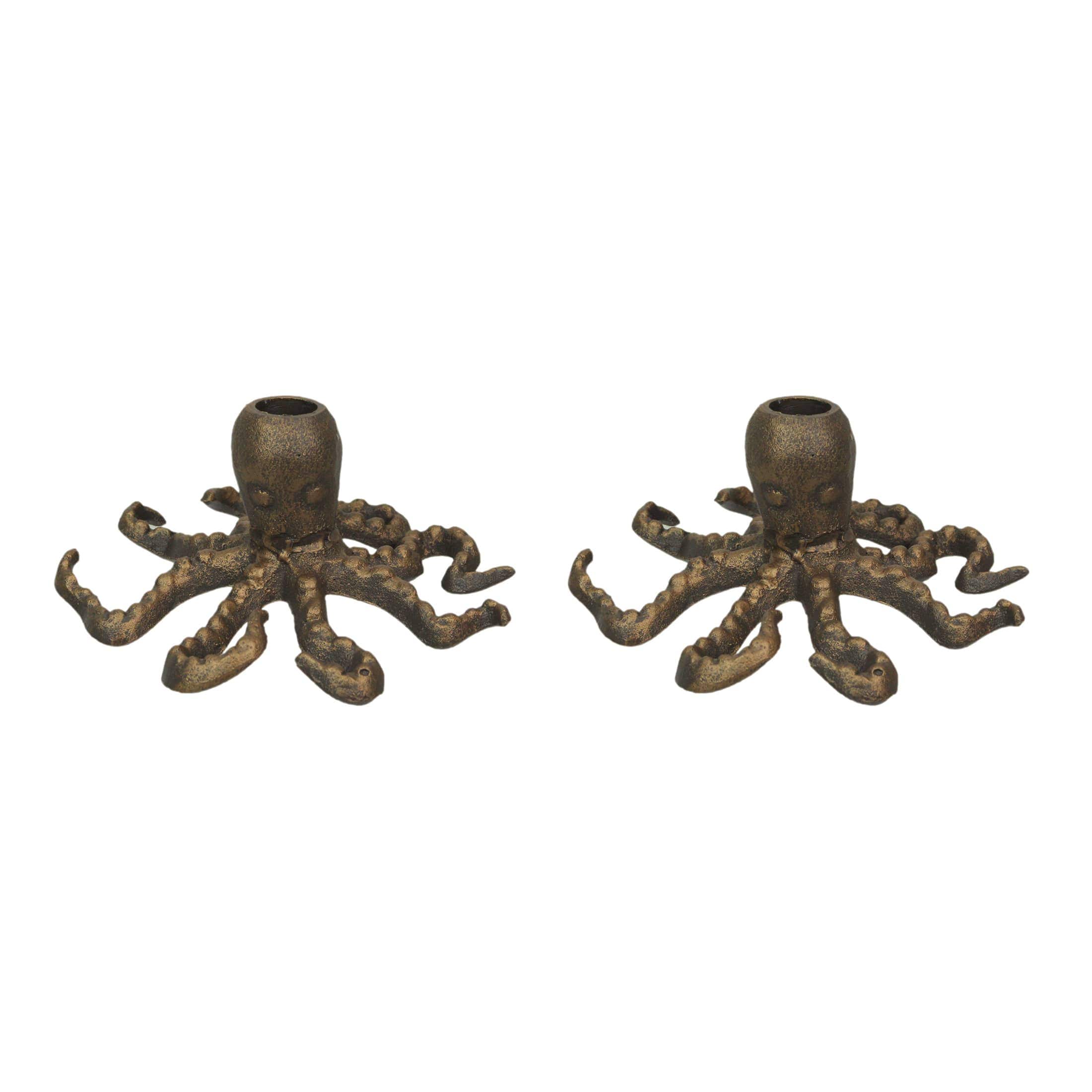 Zeckos ZKO-99396-SET Elegant Set of 2 Cast Iron Octopus Taper Candle Holders in Antique Gold Finish - Coastal Nautical Beach Decor - 6 Inch Diameter- 3 Inch Height