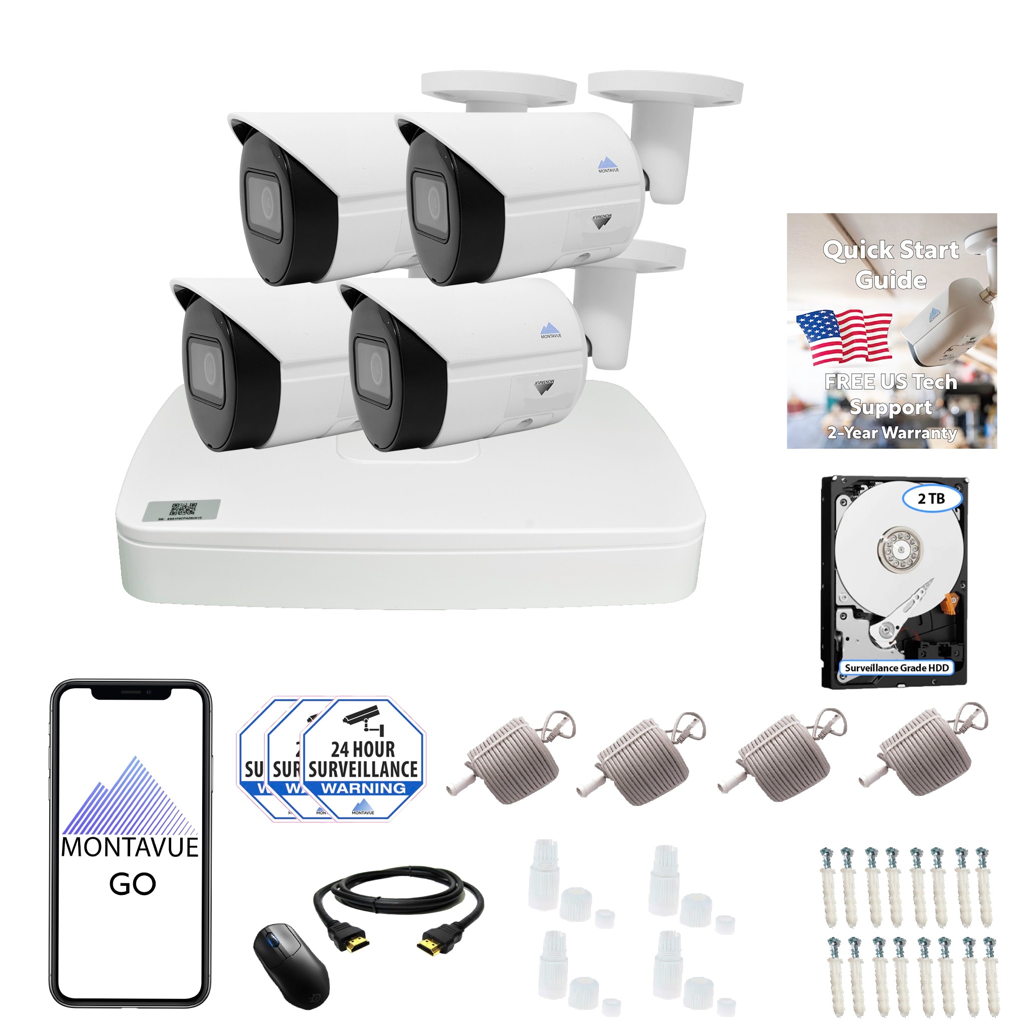 Montavue MTIP8082-44KB-W 8105 Indoor/Outdoor 4-Camera 4K Hardwired Bullet 2Tb Hard Drive Security Camera System