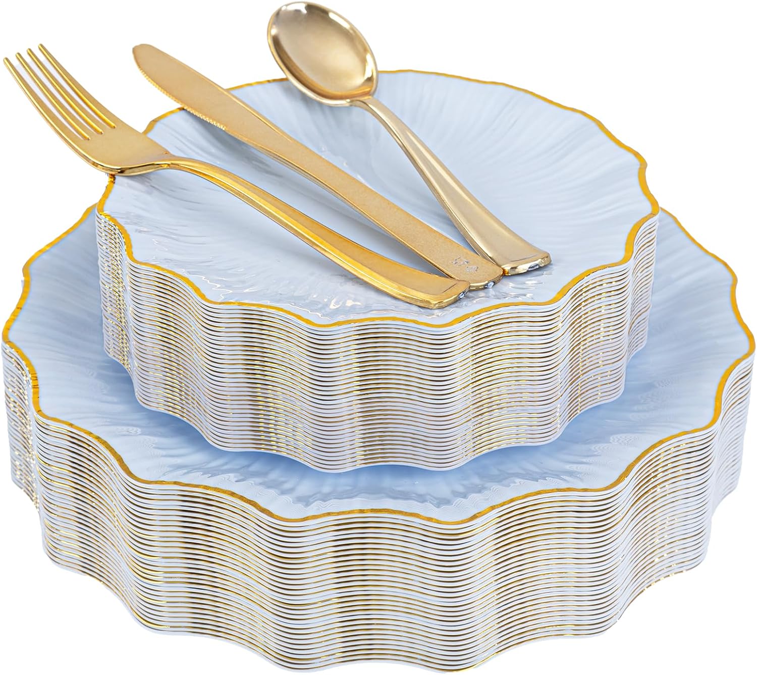 Wellife WELLFE 150PCS Blue and Gold Plastic Plates with Gold Disposable Silverware for 30 Guests Vintage Blue Plastic Plates Include 30 Dinner Plate 30 Dessert Plate 90 Cutlery for Bridal Shower Party