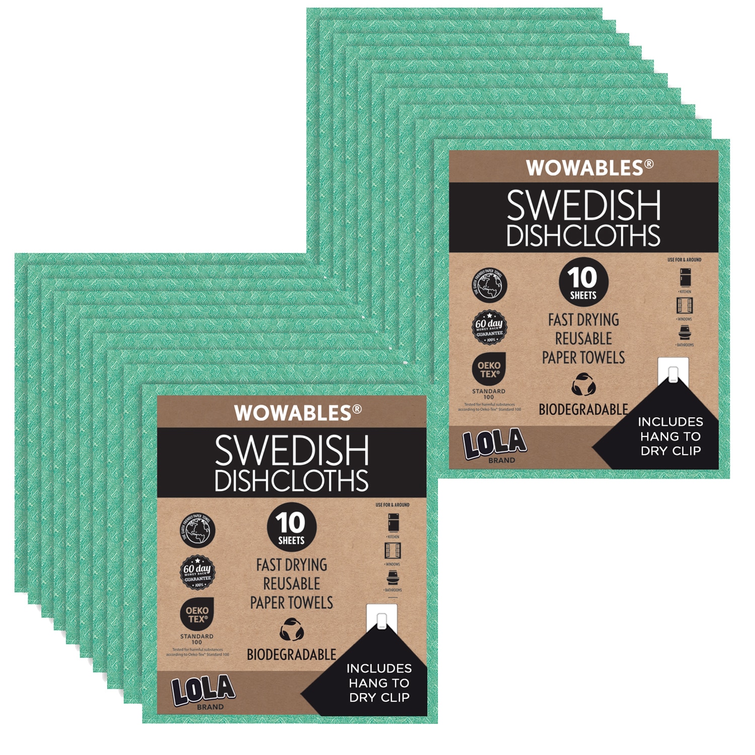 LOLA Swedish Dishcloths 20 Pack Biodegradable Reusable Absorbent Paper Towels by 