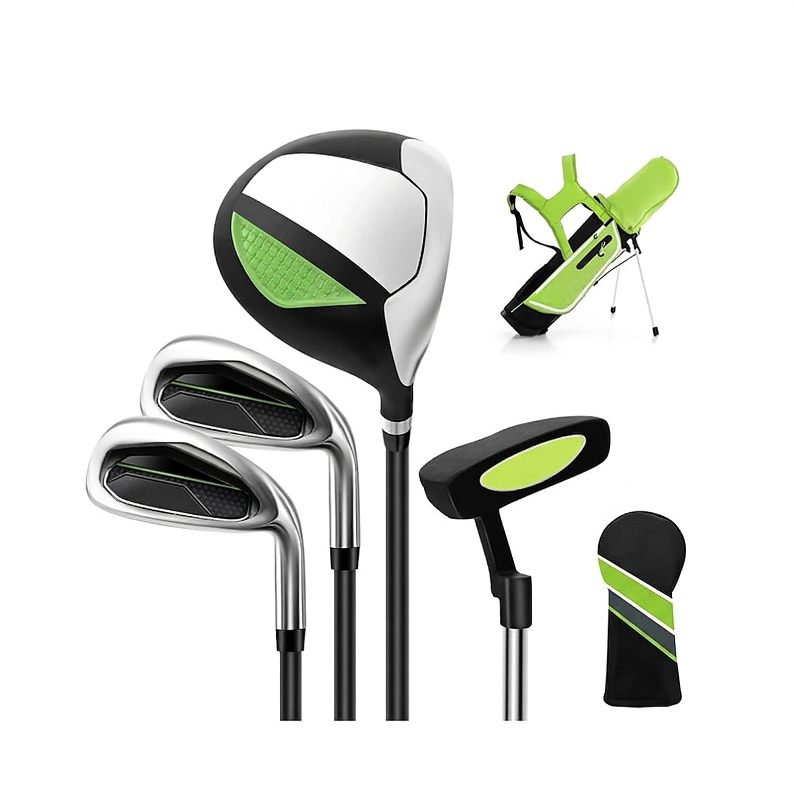 SUGIFT Junior Complete Golf Club Set for Kids Age 8-10 Right-Handed 4-Club Set with Driver Irons and Putter Graphite Shafts Lightweight Stand Bag Rain Hood Auto Pop-Out Legs Padded Dual Straps 2-lb for Boys Girls Beginner Junior Golfers-Green